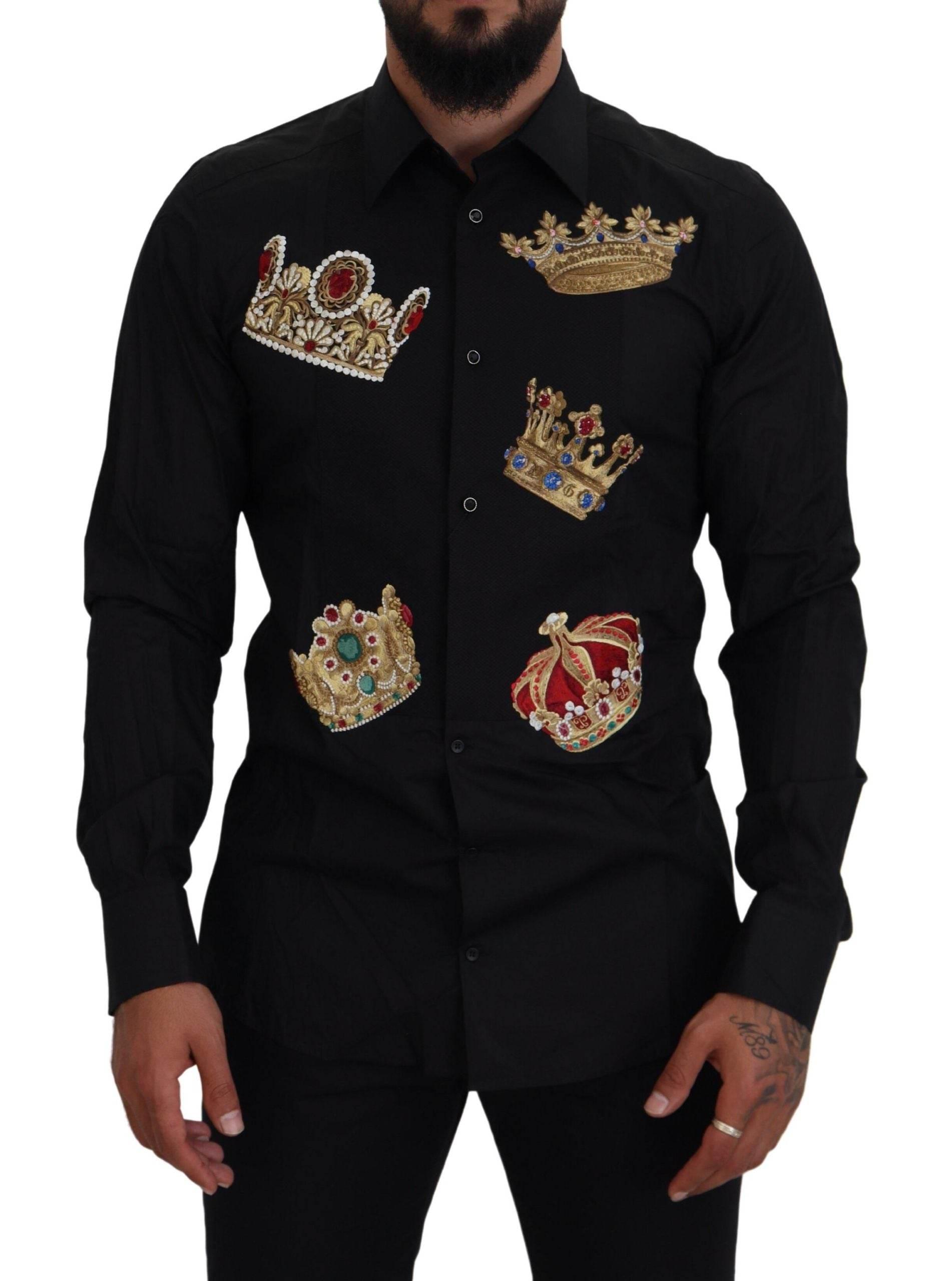 Dolce & Gabbana Black Gold Crown Slim Fit Dress Formal Shirt - Hilstor