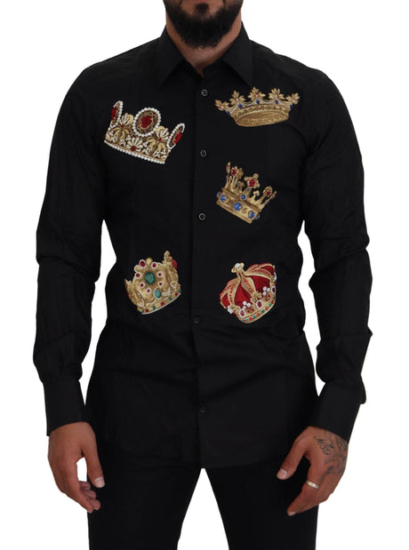 Dolce & Gabbana Black Gold Crown Slim Fit Dress Formal Shirt - Hilstor
