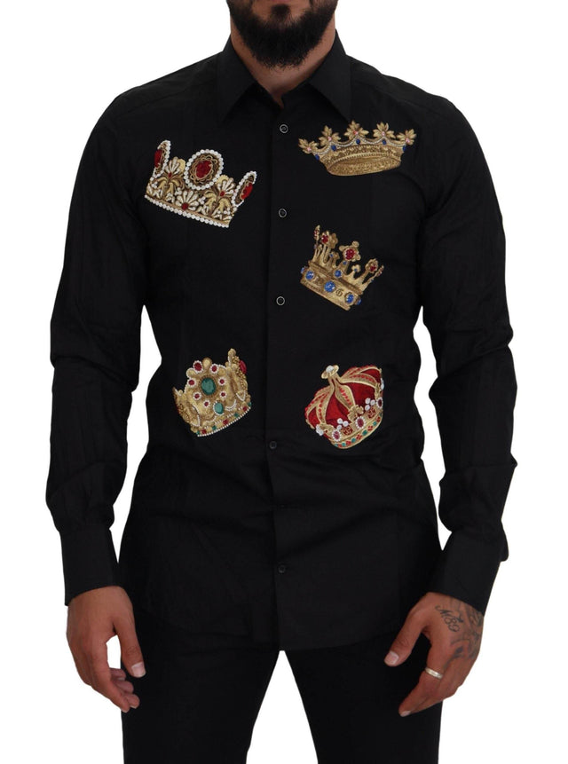 Dolce & Gabbana Black Gold Crown Slim Fit Dress Formal Shirt - Hilstor
