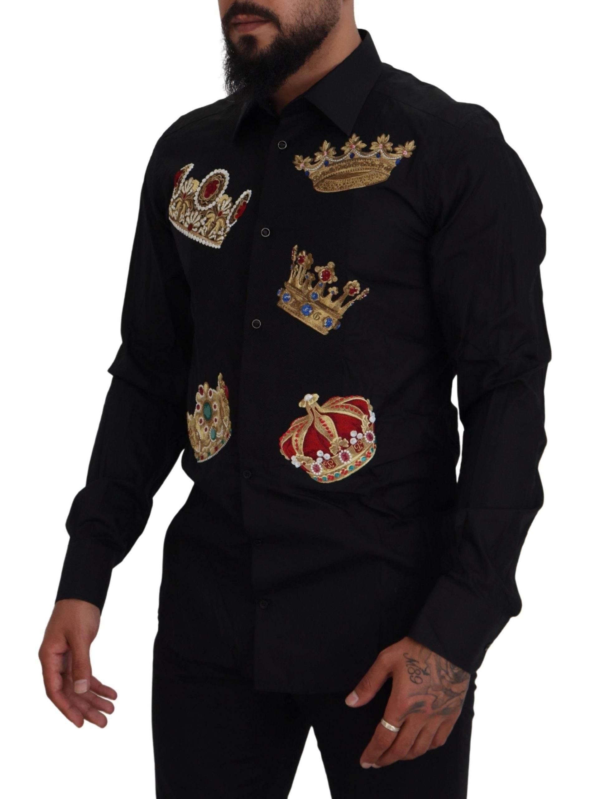 Dolce & Gabbana Black Gold Crown Slim Fit Dress Formal Shirt - Hilstor