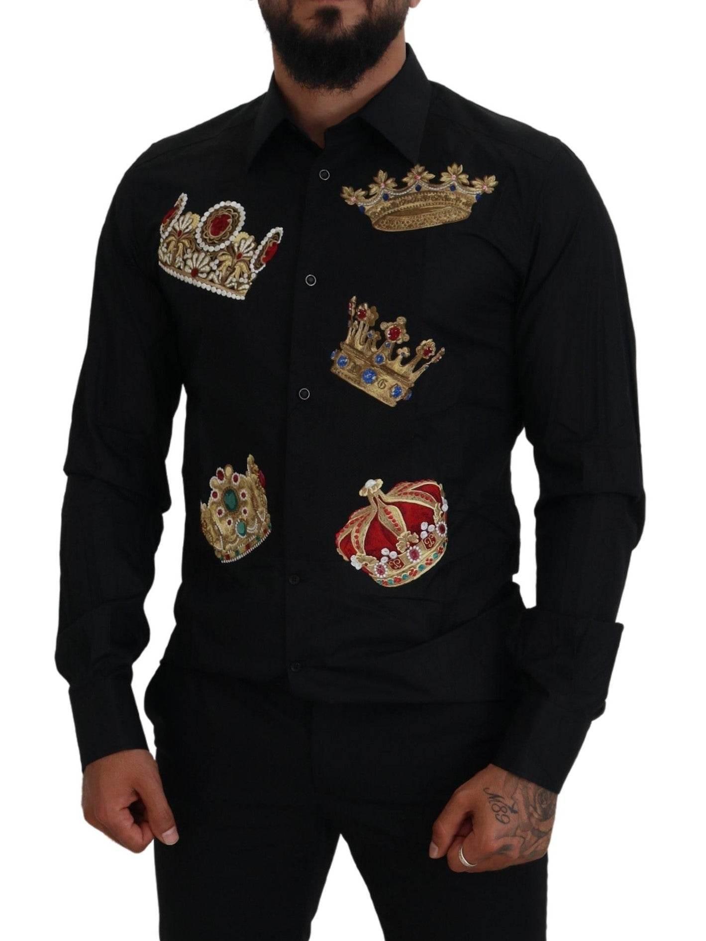 Dolce & Gabbana Black Gold Crown Slim Fit Dress Formal Shirt - Hilstor