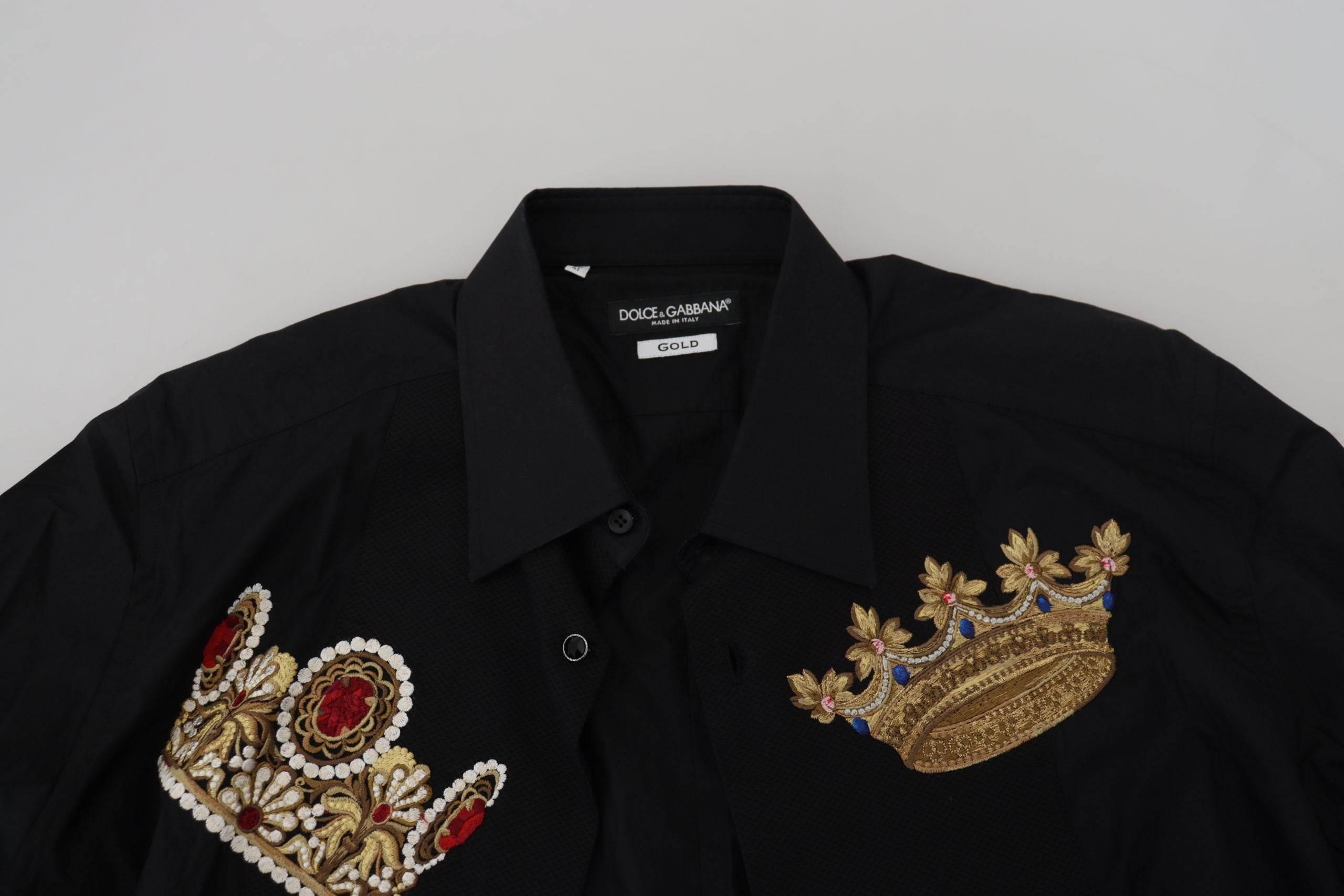 Dolce & Gabbana Black Gold Crown Slim Fit Dress Formal Shirt - Hilstor