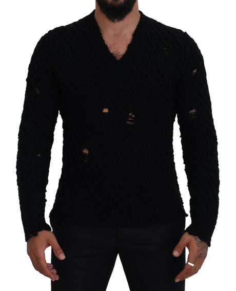 Dolce & Gabbana Black Wool V-neck Knitted Pullover Sweater - Hilstor