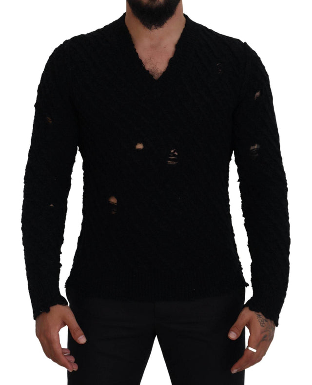 Dolce & Gabbana Black Wool V-neck Knitted Pullover Sweater - Hilstor
