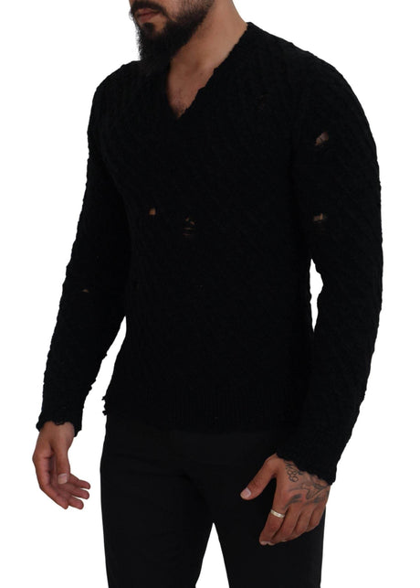 Dolce & Gabbana Black Wool V-neck Knitted Pullover Sweater - Hilstor