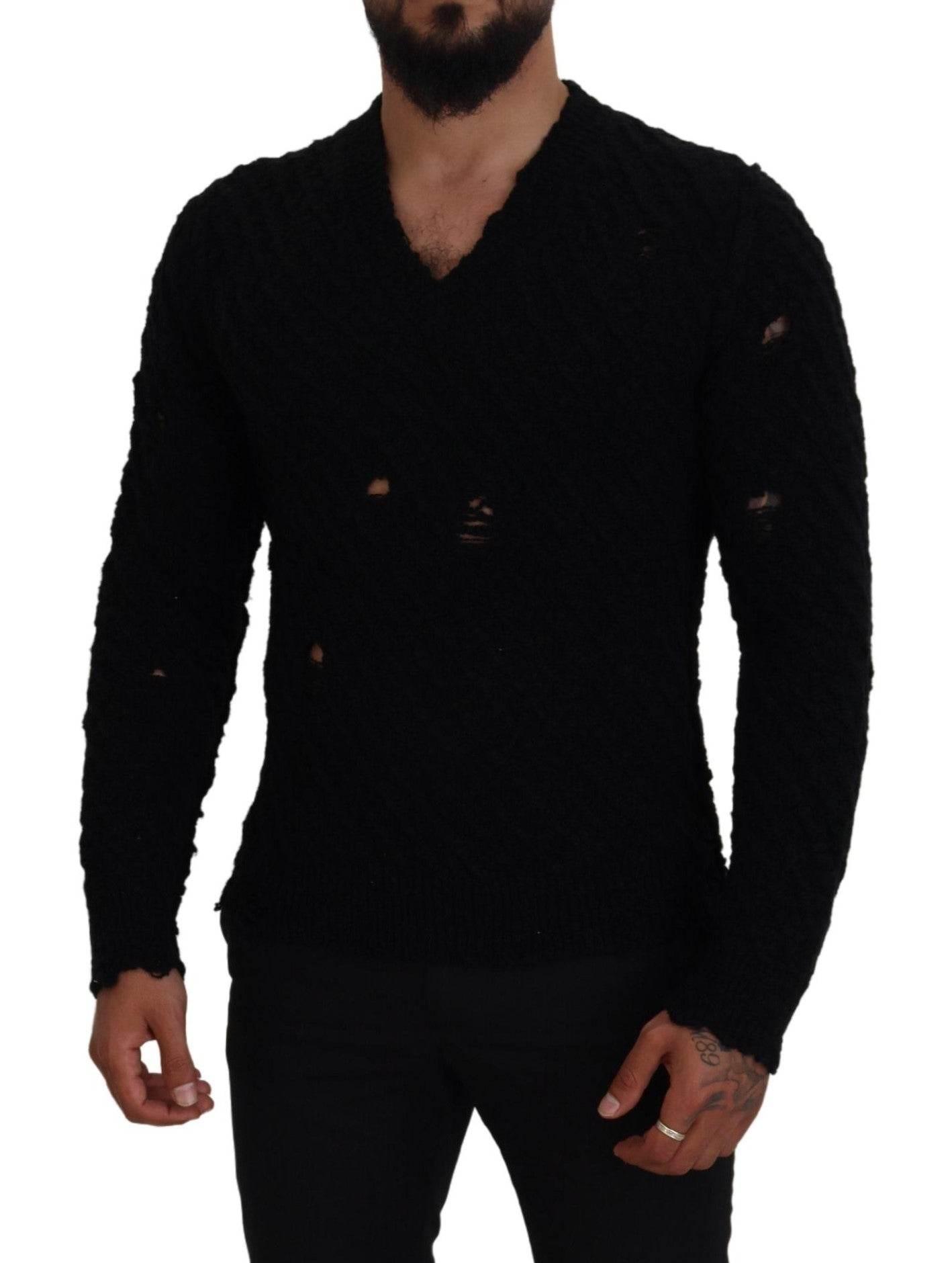 Dolce & Gabbana Black Wool V-neck Knitted Pullover Sweater - Hilstor
