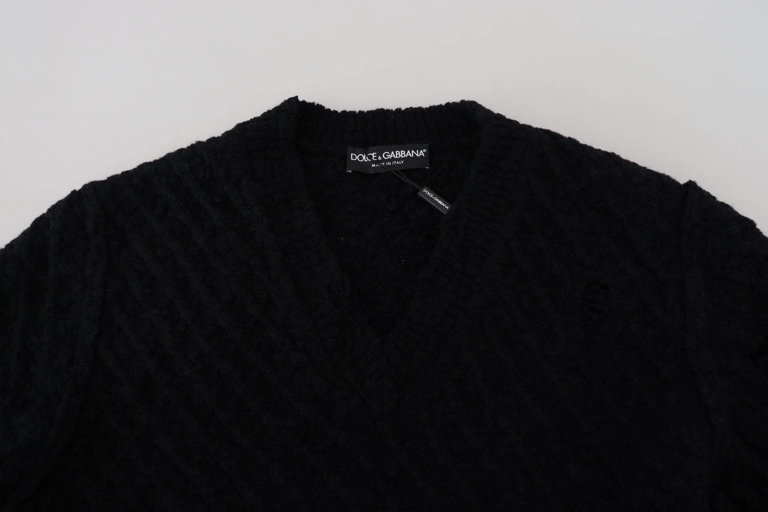 Dolce & Gabbana Black Wool V-neck Knitted Pullover Sweater - Hilstor