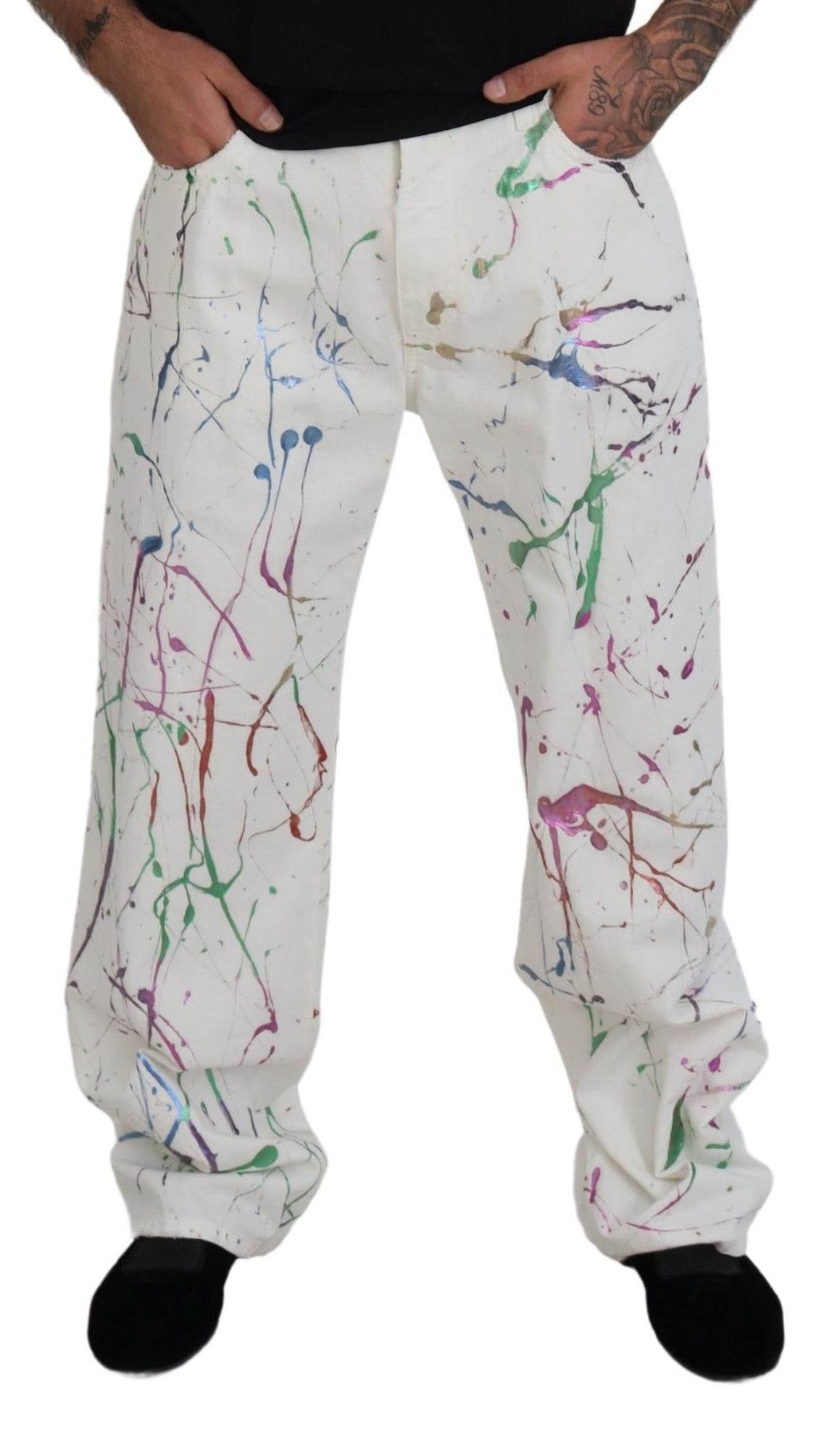Dolce & Gabbana Chic White Splash Print Denim Pants - Hilstor