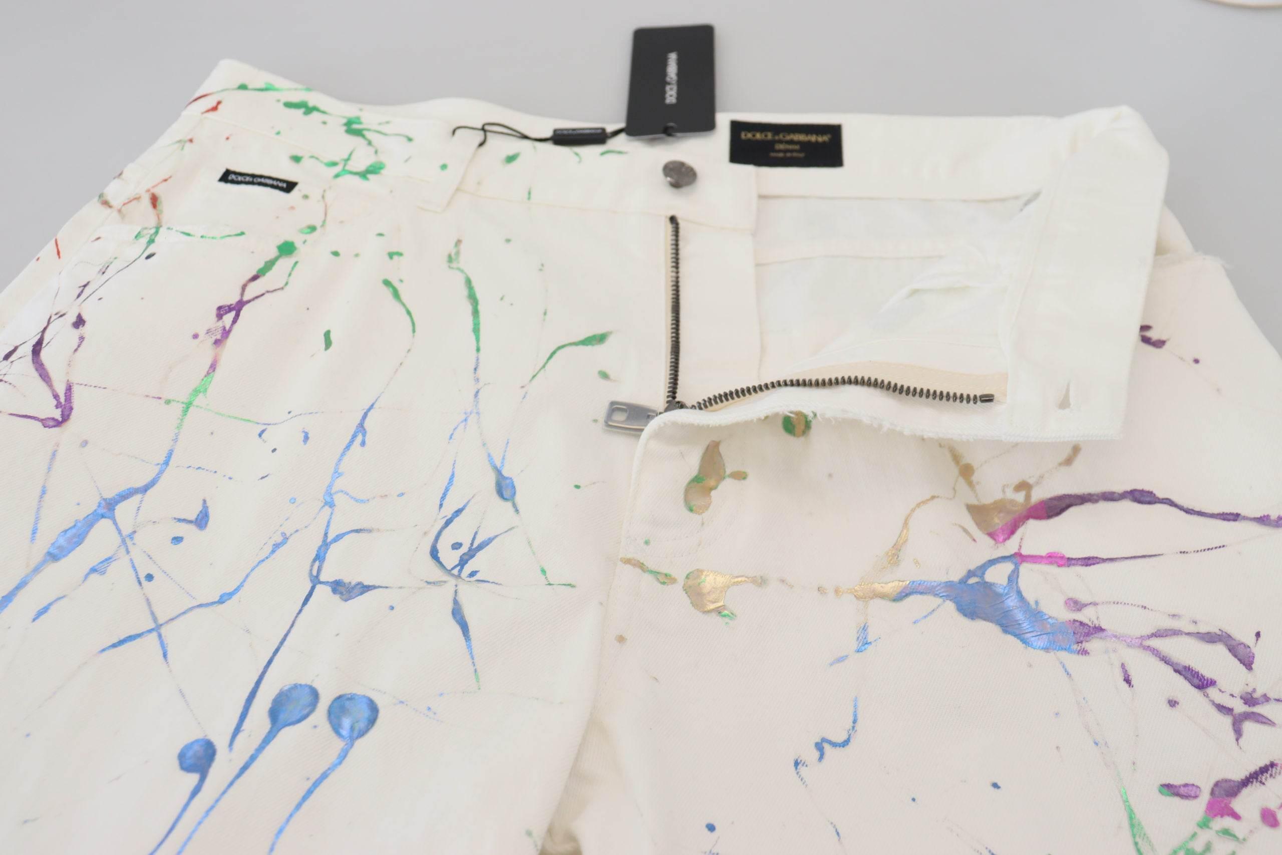 Dolce & Gabbana Chic White Splash Print Denim Pants - Hilstor