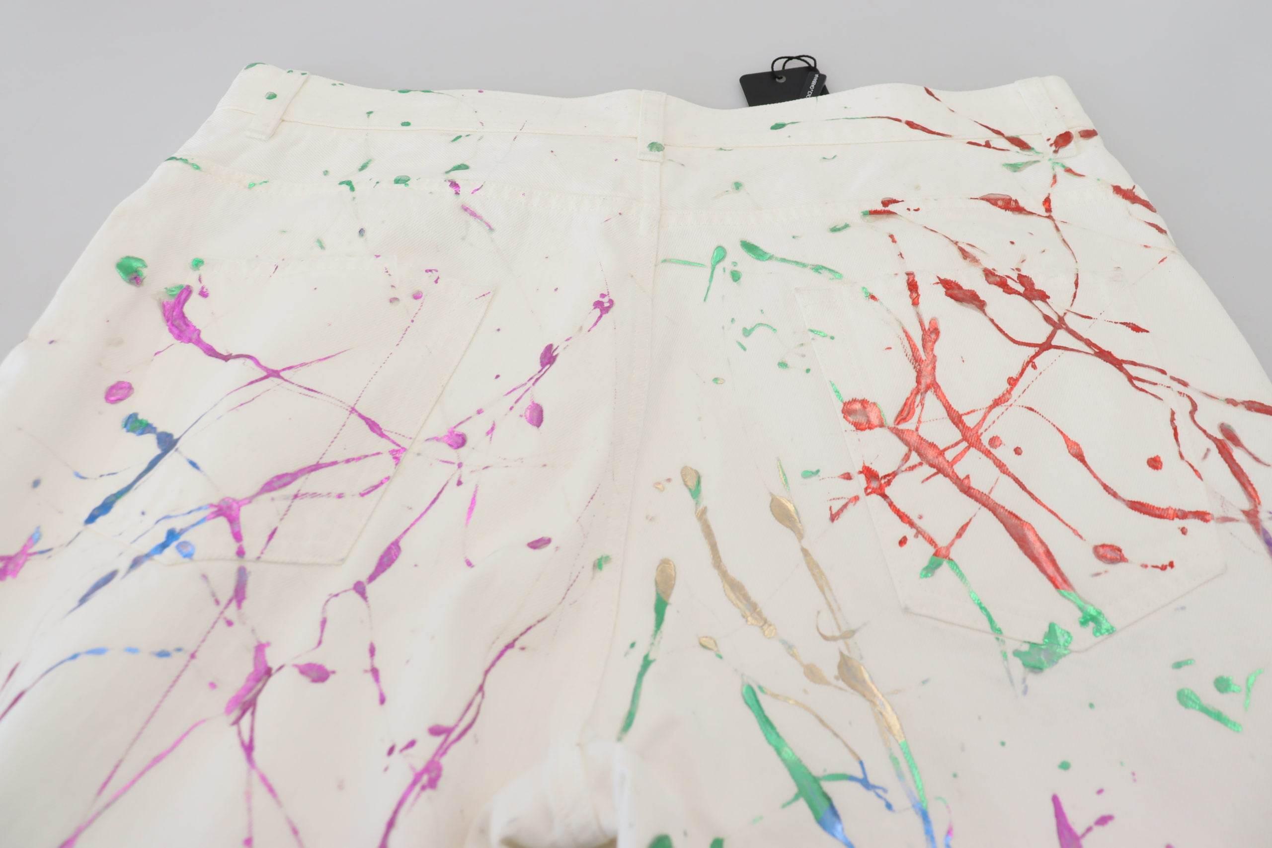 Dolce & Gabbana Chic White Splash Print Denim Pants - Hilstor