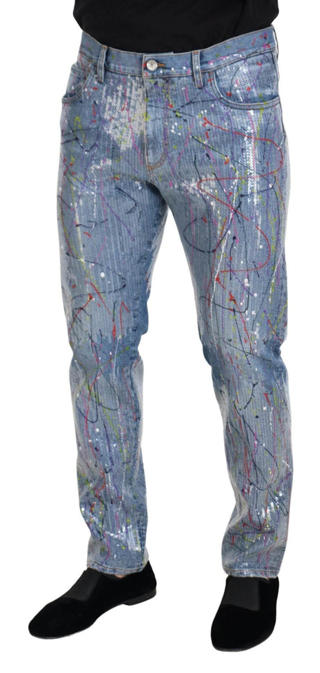 Dolce & Gabbana Blue Cotton Color Splash Print Denim Jeans - Hilstor