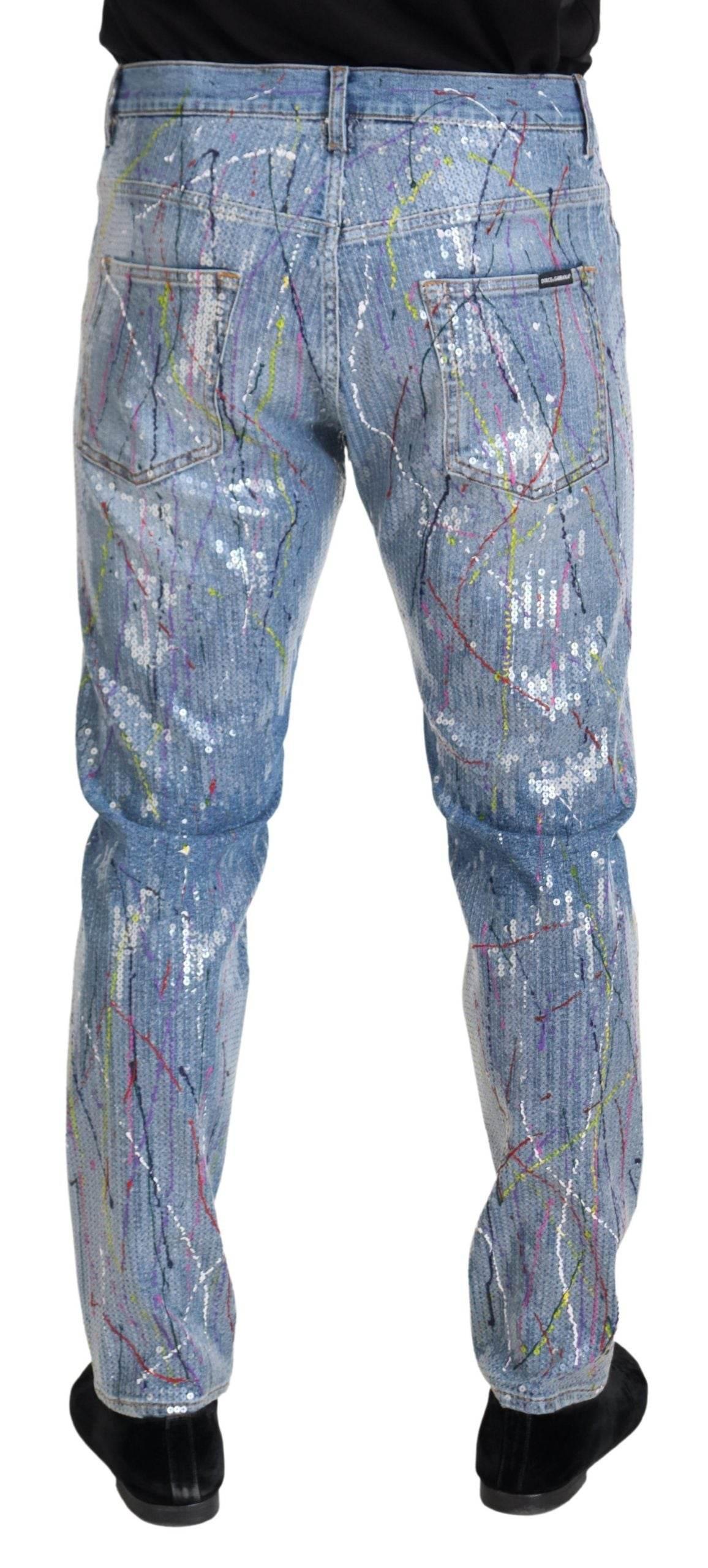 Dolce & Gabbana Blue Cotton Color Splash Print Denim Jeans - Hilstor