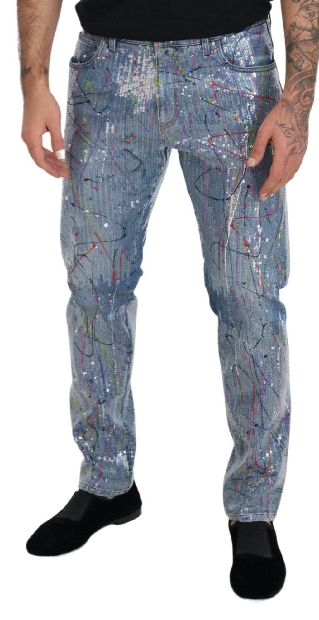 Dolce & Gabbana Blue Cotton Color Splash Print Denim Jeans - Hilstor