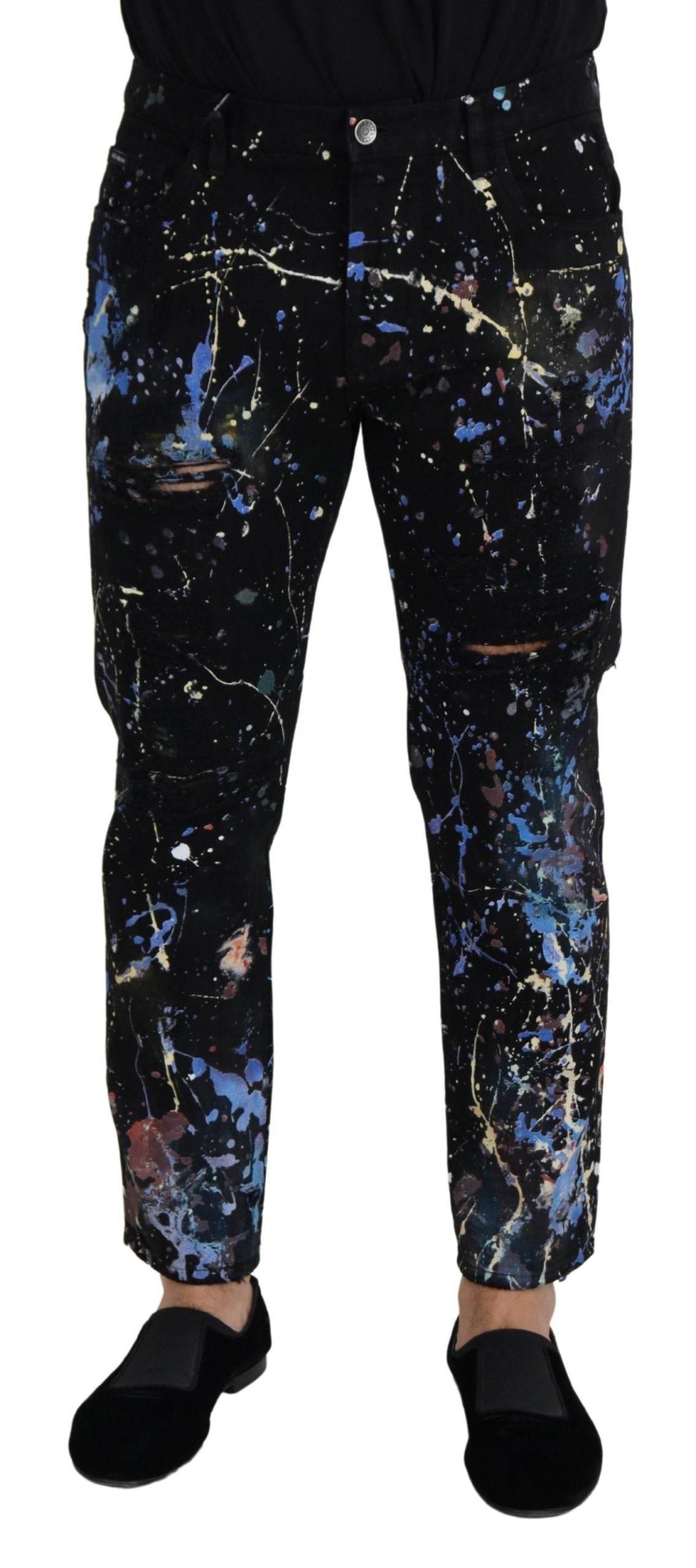Dolce & Gabbana Black Cotton Color Splash Print Denim Jeans - Hilstor