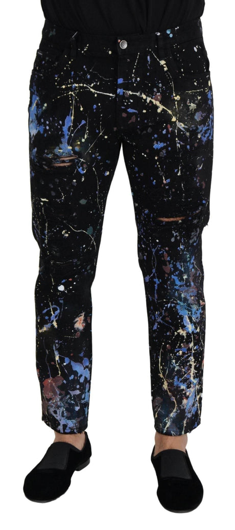 Dolce & Gabbana Black Cotton Color Splash Print Denim Jeans - Hilstor
