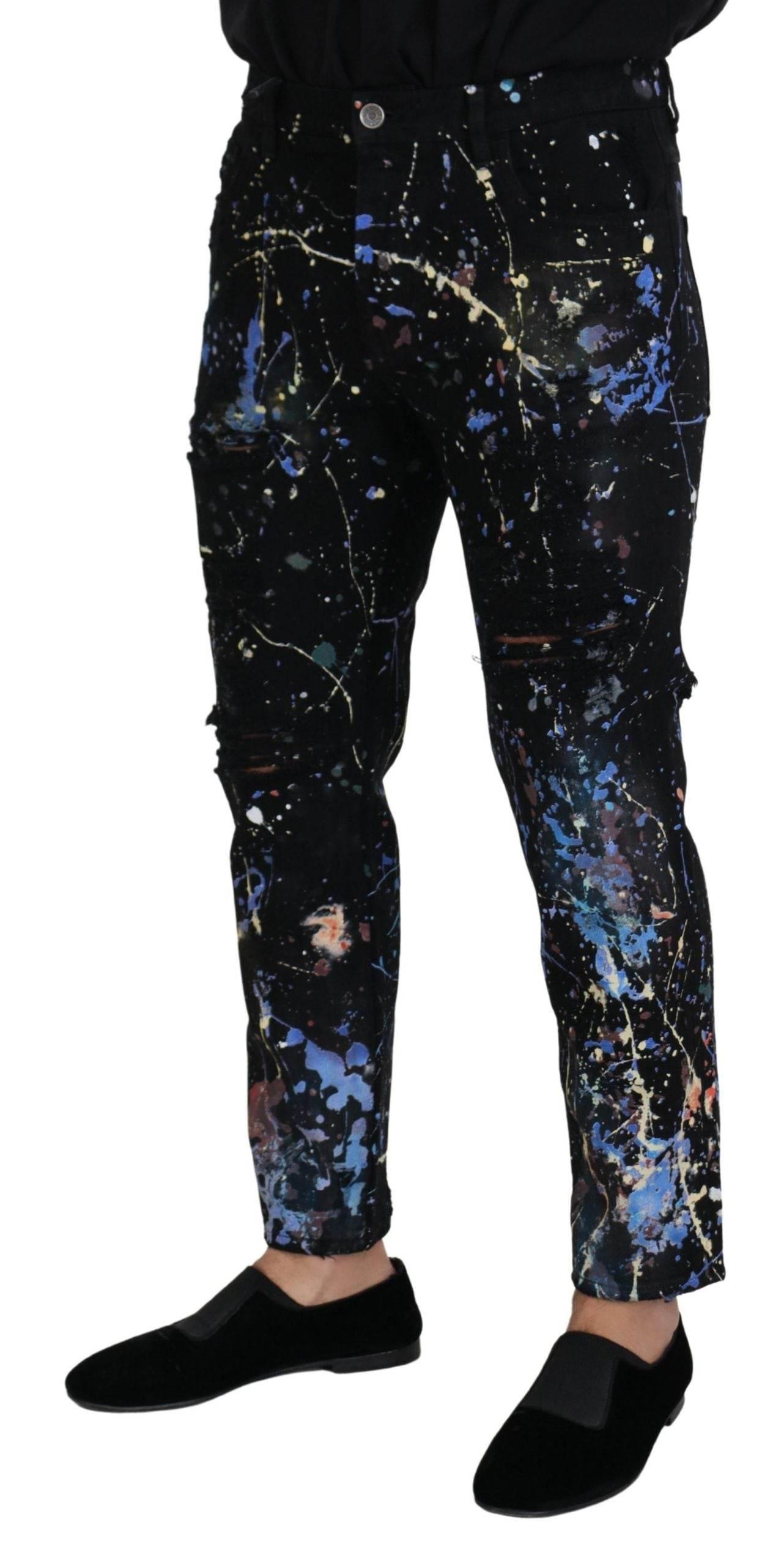 Dolce & Gabbana Black Cotton Color Splash Print Denim Jeans - Hilstor