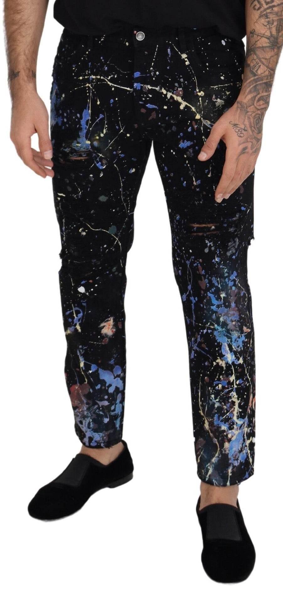 Dolce & Gabbana Black Cotton Color Splash Print Denim Jeans - Hilstor