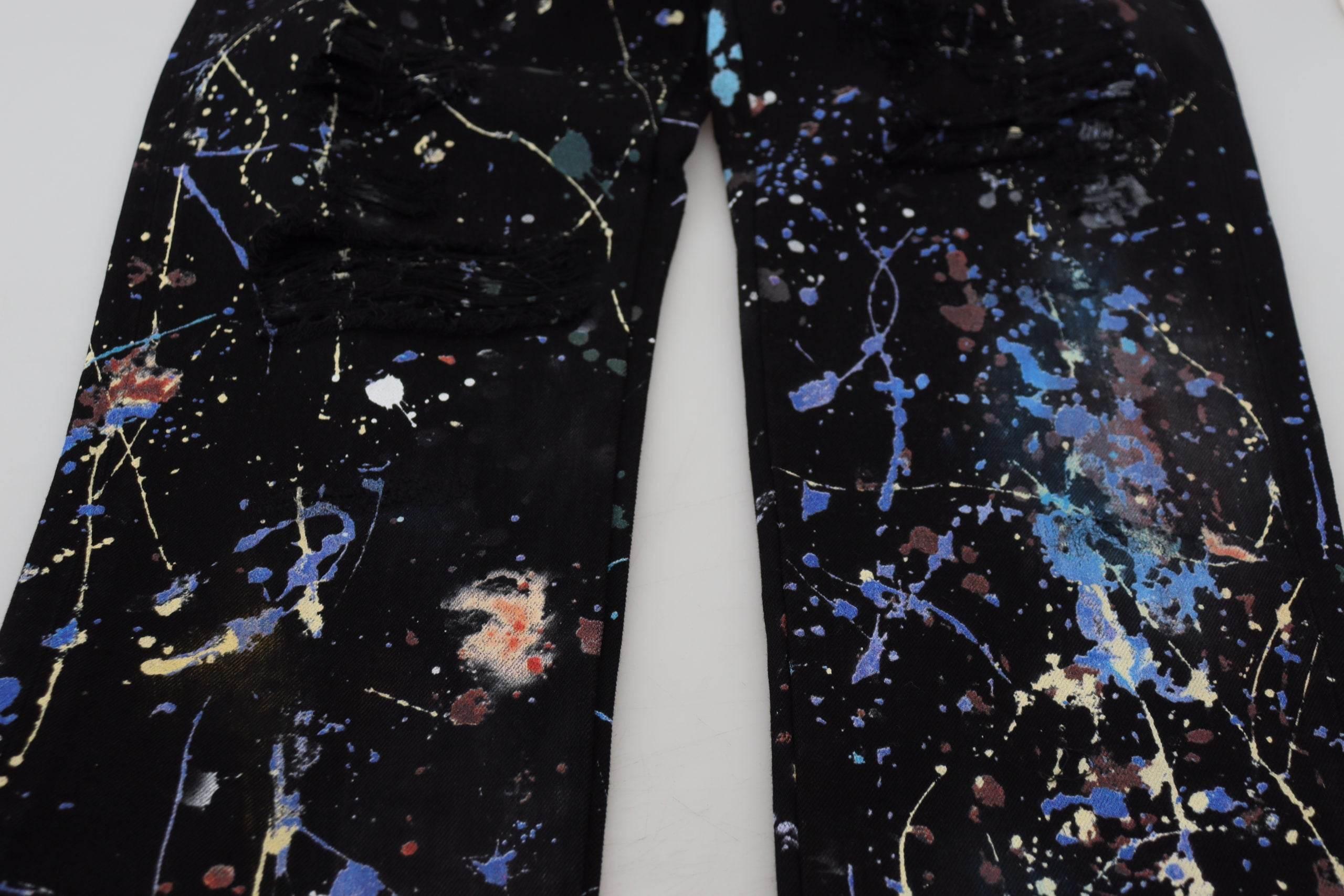 Dolce & Gabbana Black Cotton Color Splash Print Denim Jeans - Hilstor