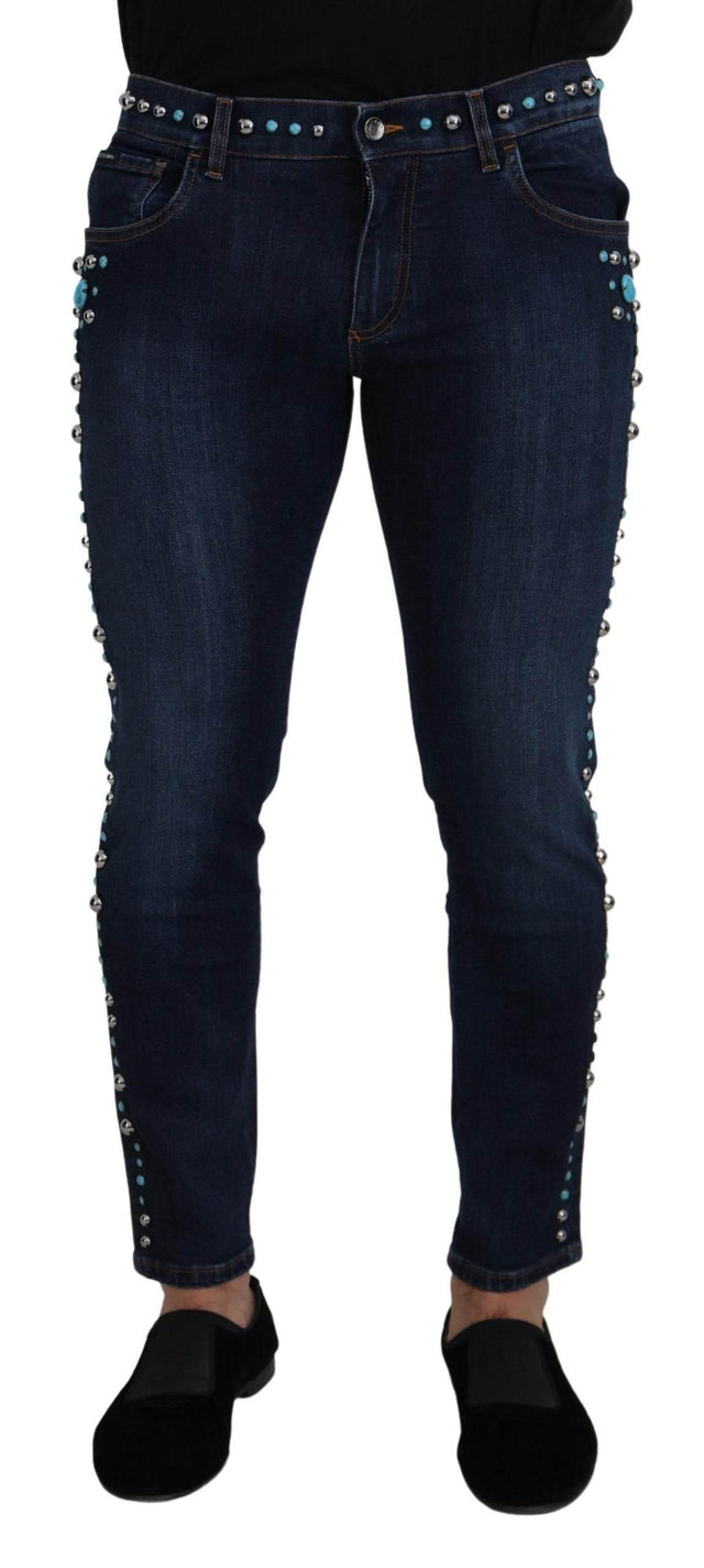 Dolce & Gabbana Blue Cotton Studded Low Waist Denim Jeans - Hilstor
