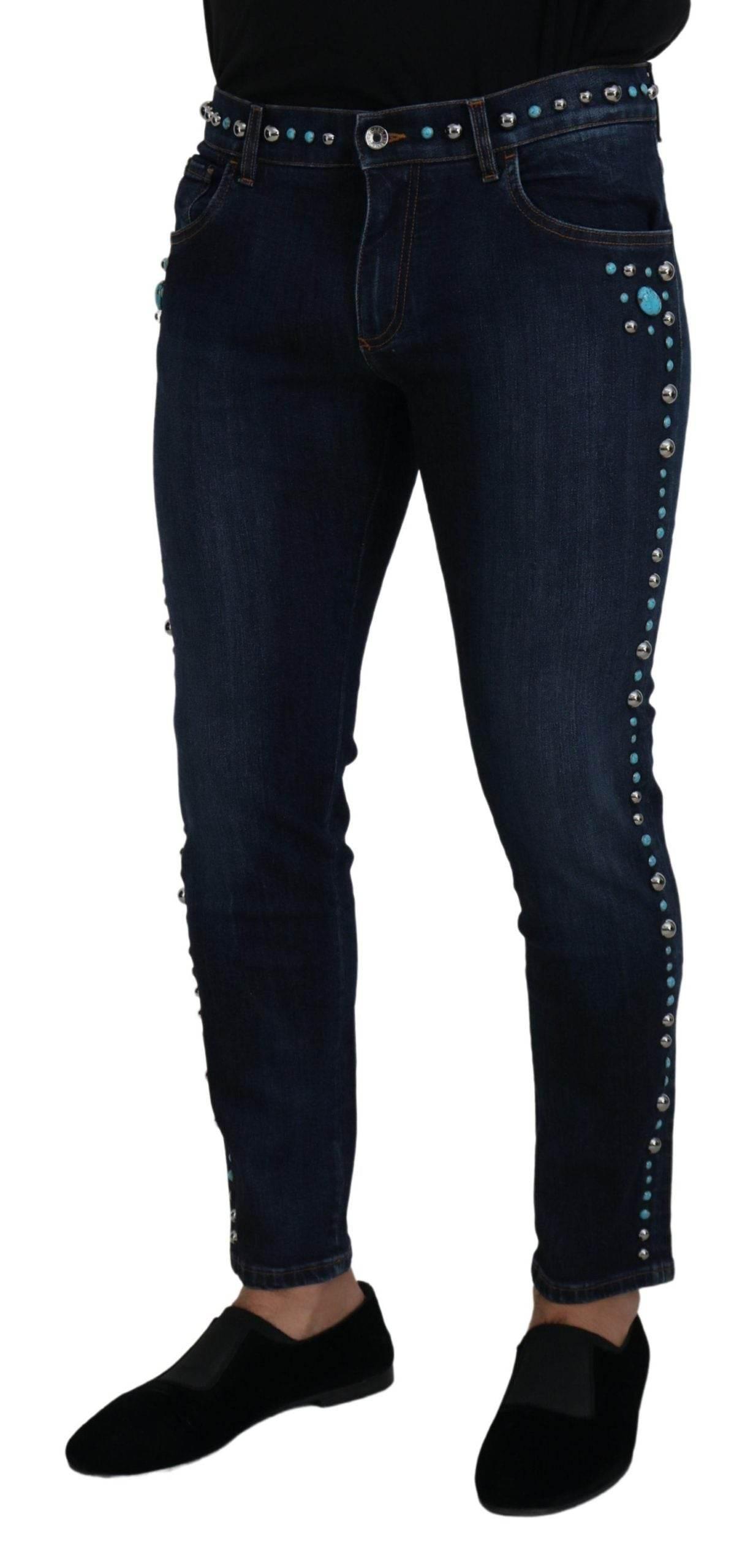 Dolce & Gabbana Blue Cotton Studded Low Waist Denim Jeans - Hilstor