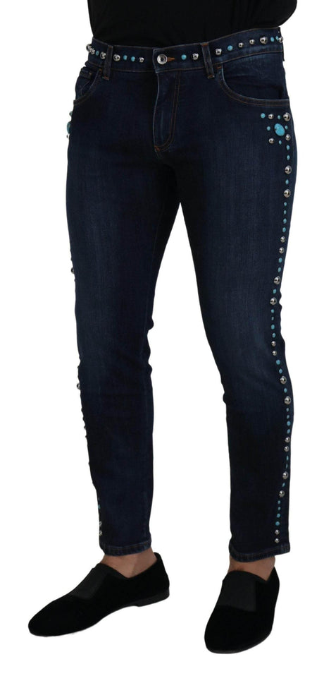 Dolce & Gabbana Blue Cotton Studded Low Waist Denim Jeans - Hilstor