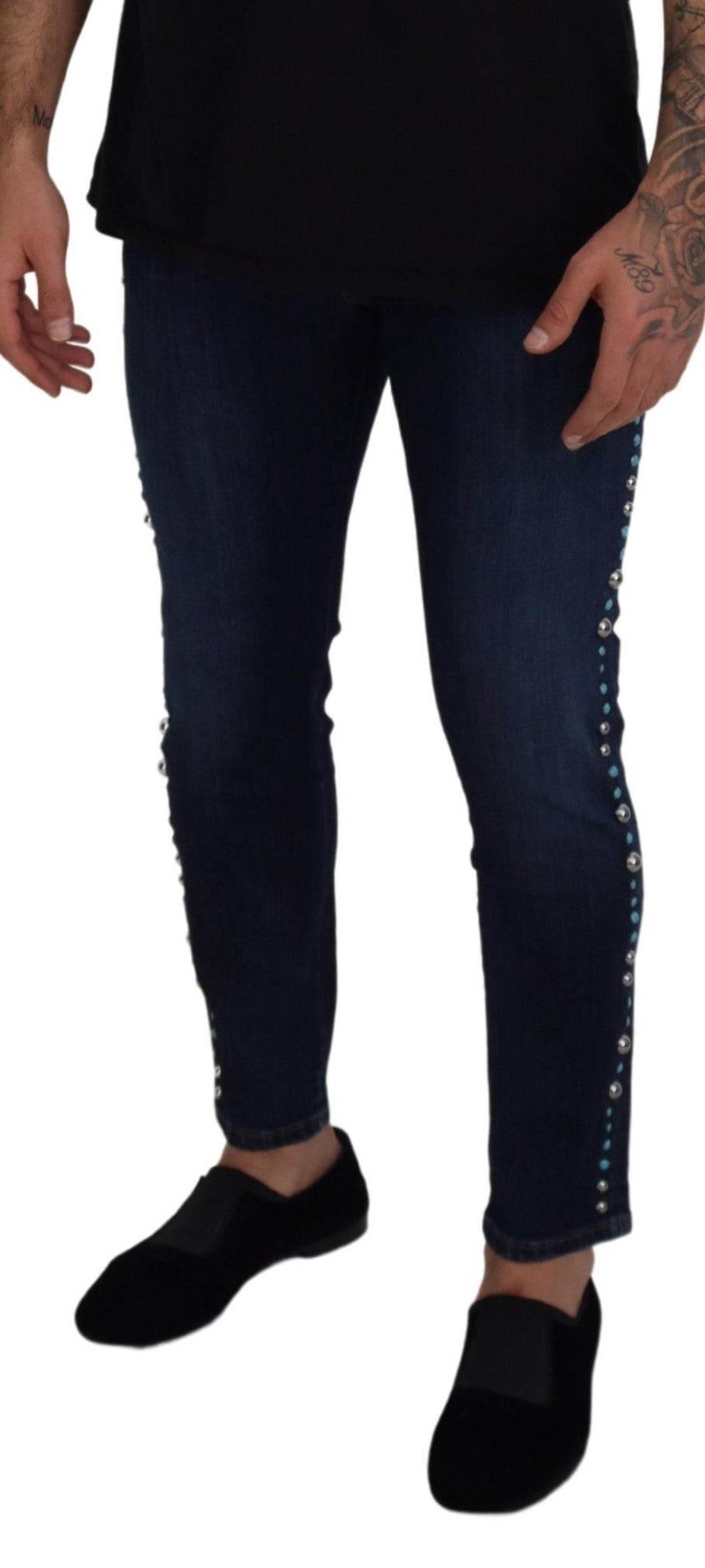 Dolce & Gabbana Blue Cotton Studded Low Waist Denim Jeans - Hilstor