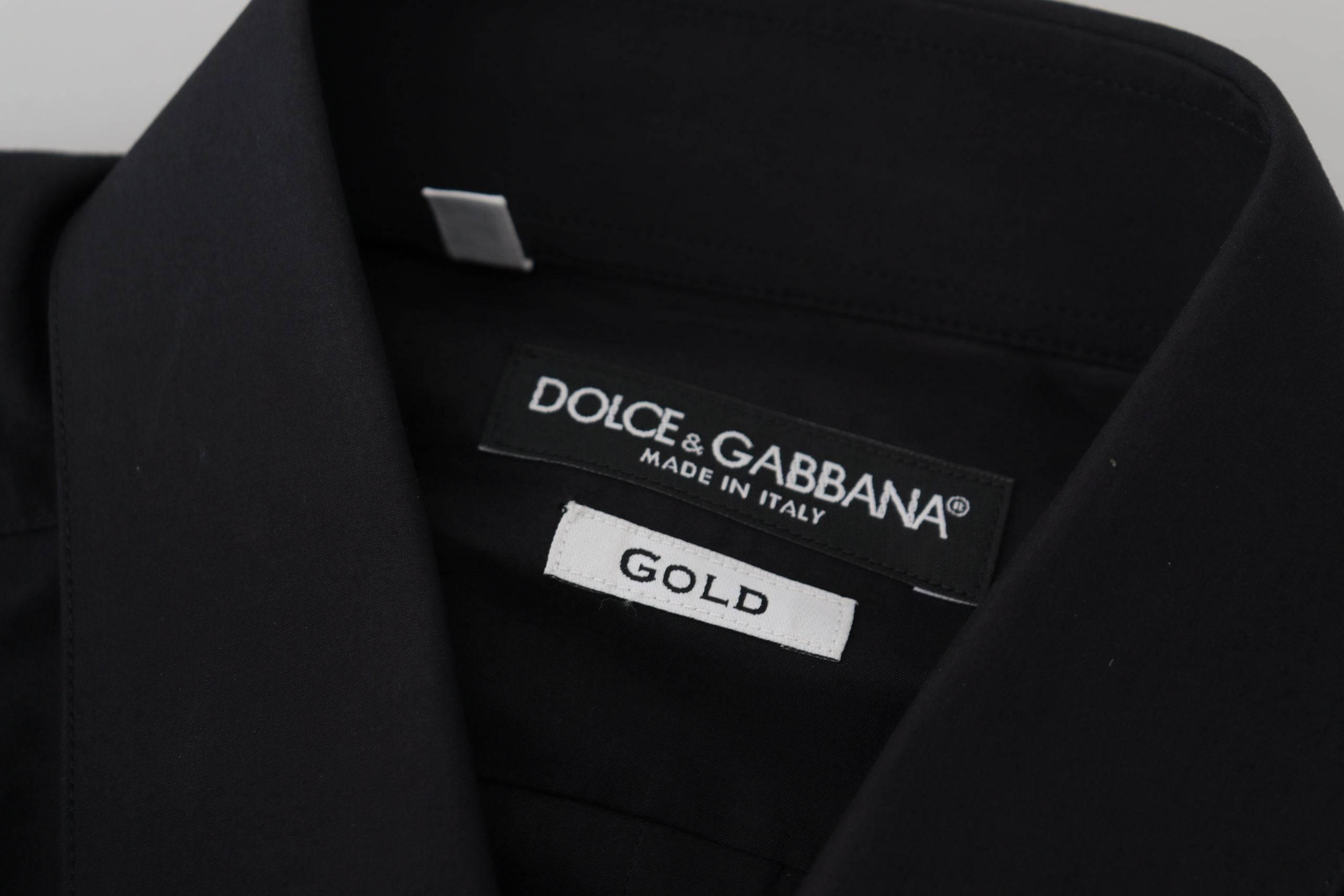 Dolce & Gabbana Black Cotton Slim Fit Formal Dress GOLD Shirt - Hilstor