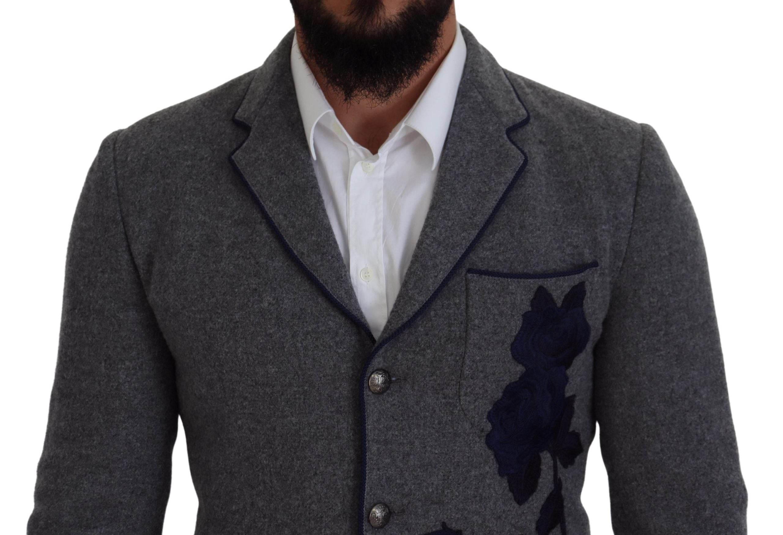 Dolce & Gabbana Gray Wool Roses Slim Fit Jacket Blazer - Hilstor