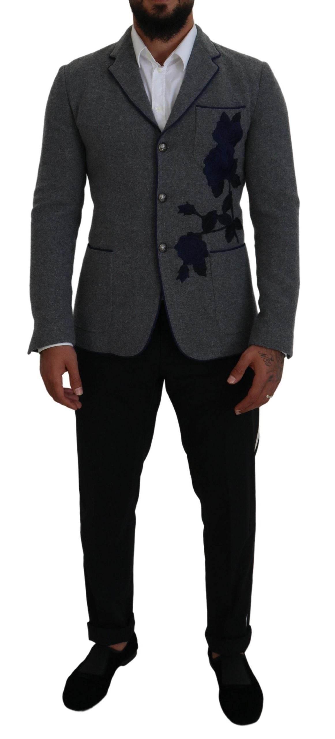 Dolce & Gabbana Gray Wool Roses Slim Fit Jacket Blazer - Hilstor