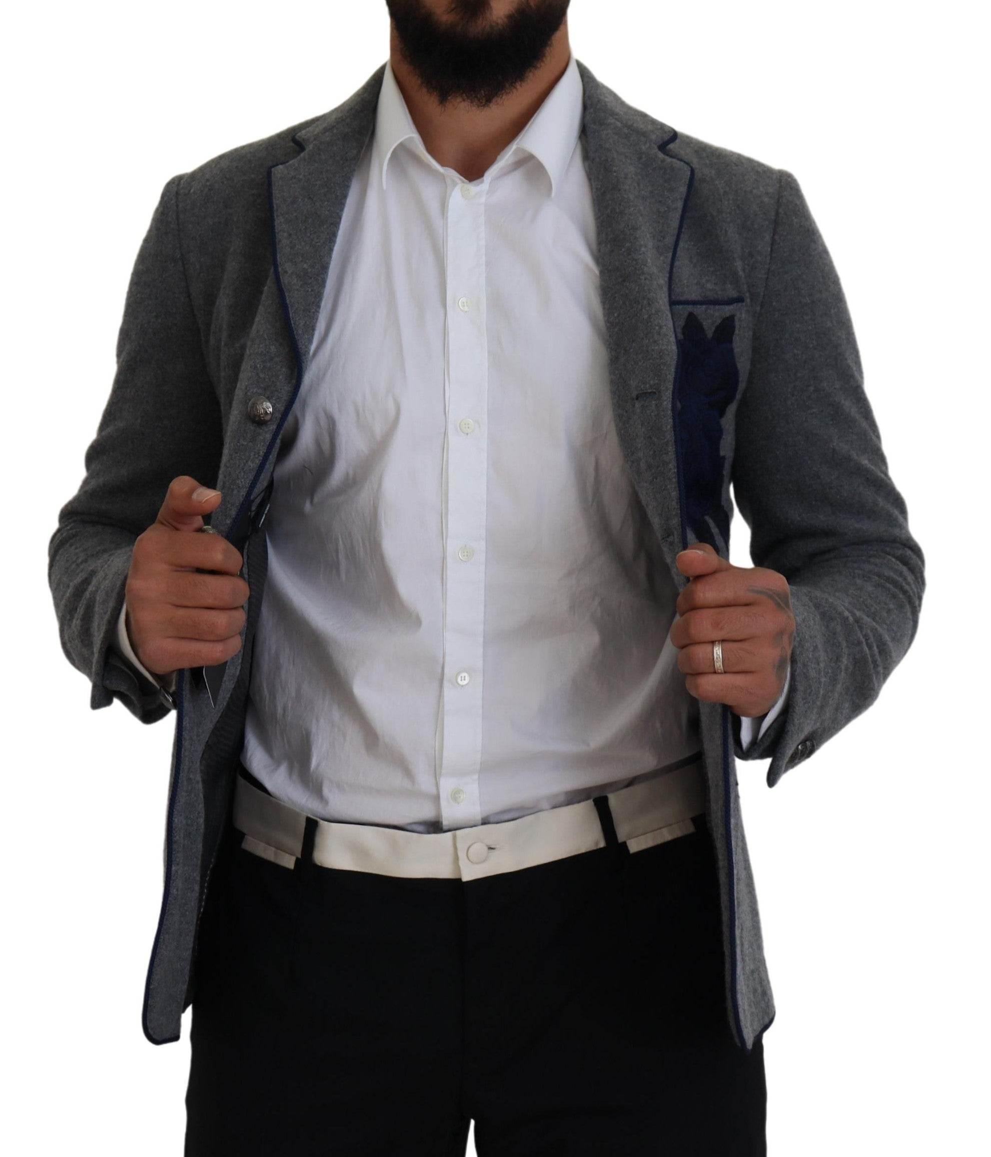 Dolce & Gabbana Gray Wool Roses Slim Fit Jacket Blazer - Hilstor