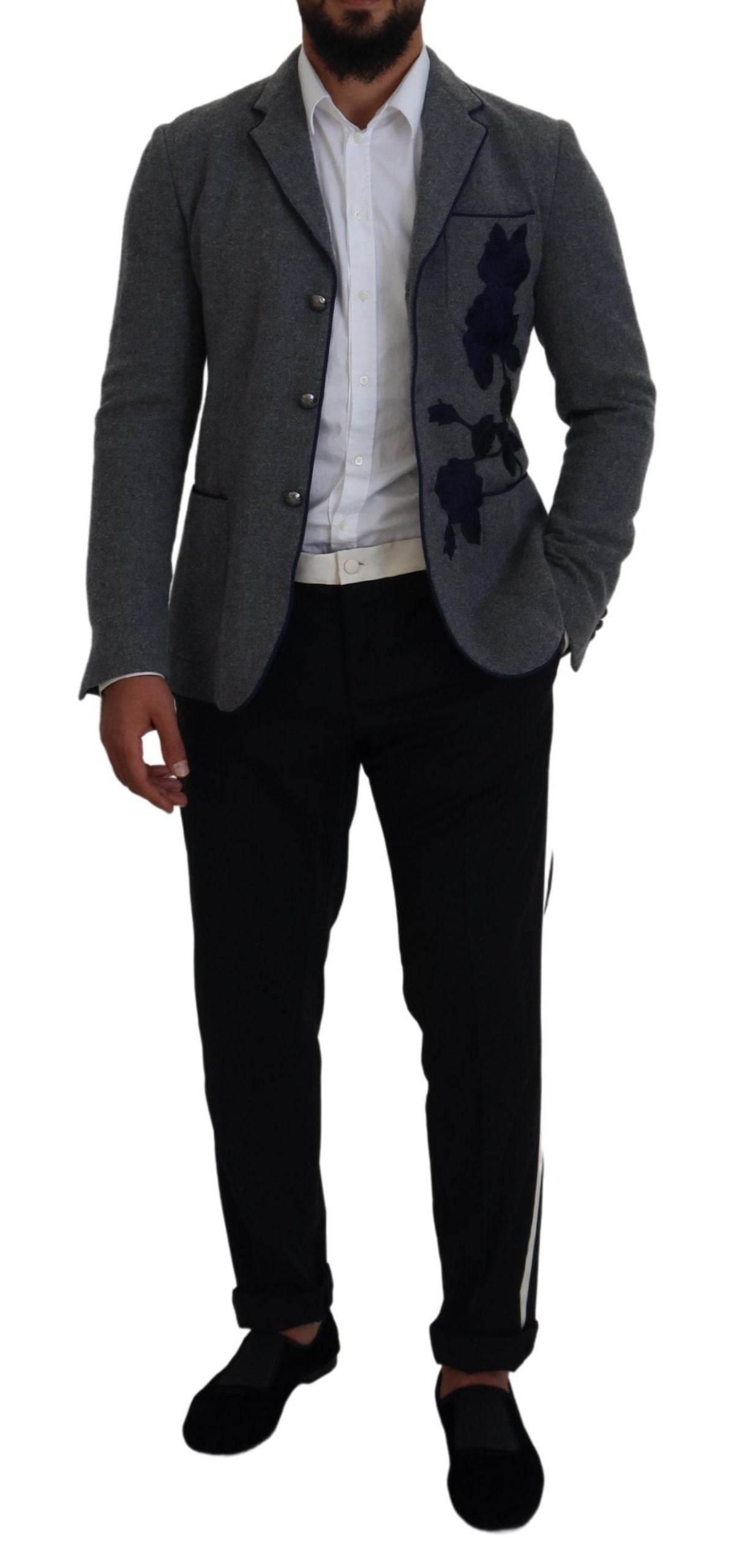 Dolce & Gabbana Gray Wool Roses Slim Fit Jacket Blazer - Hilstor