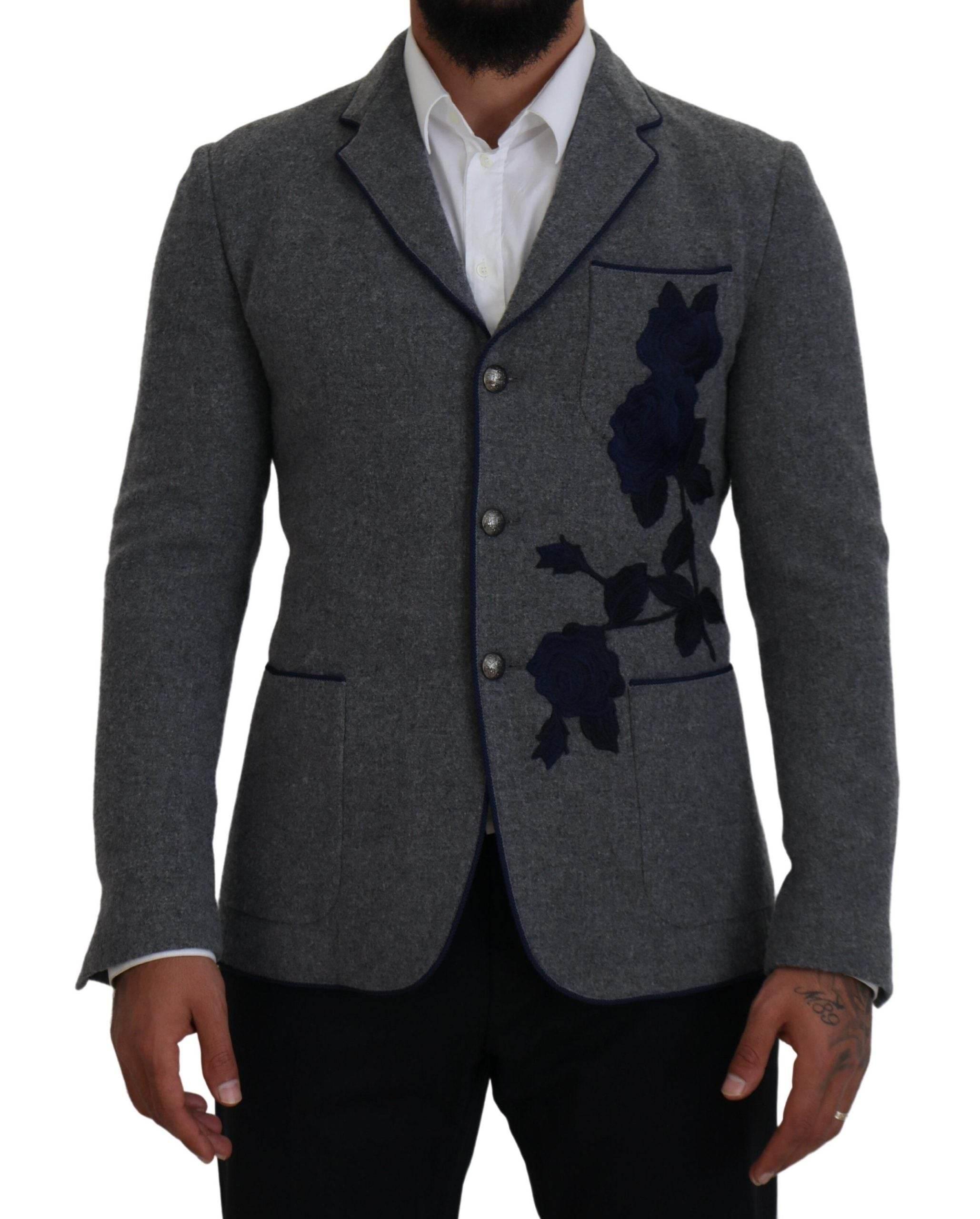 Dolce & Gabbana Gray Wool Roses Slim Fit Jacket Blazer - Hilstor