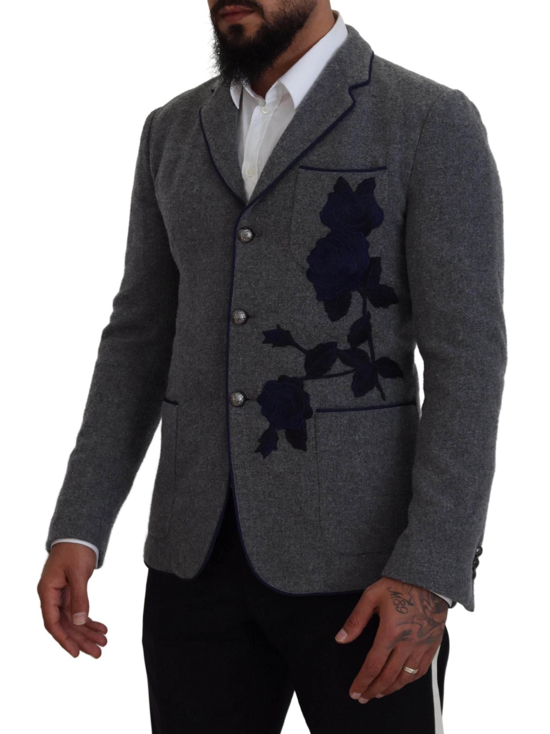 Dolce & Gabbana Gray Wool Roses Slim Fit Jacket Blazer - Hilstor