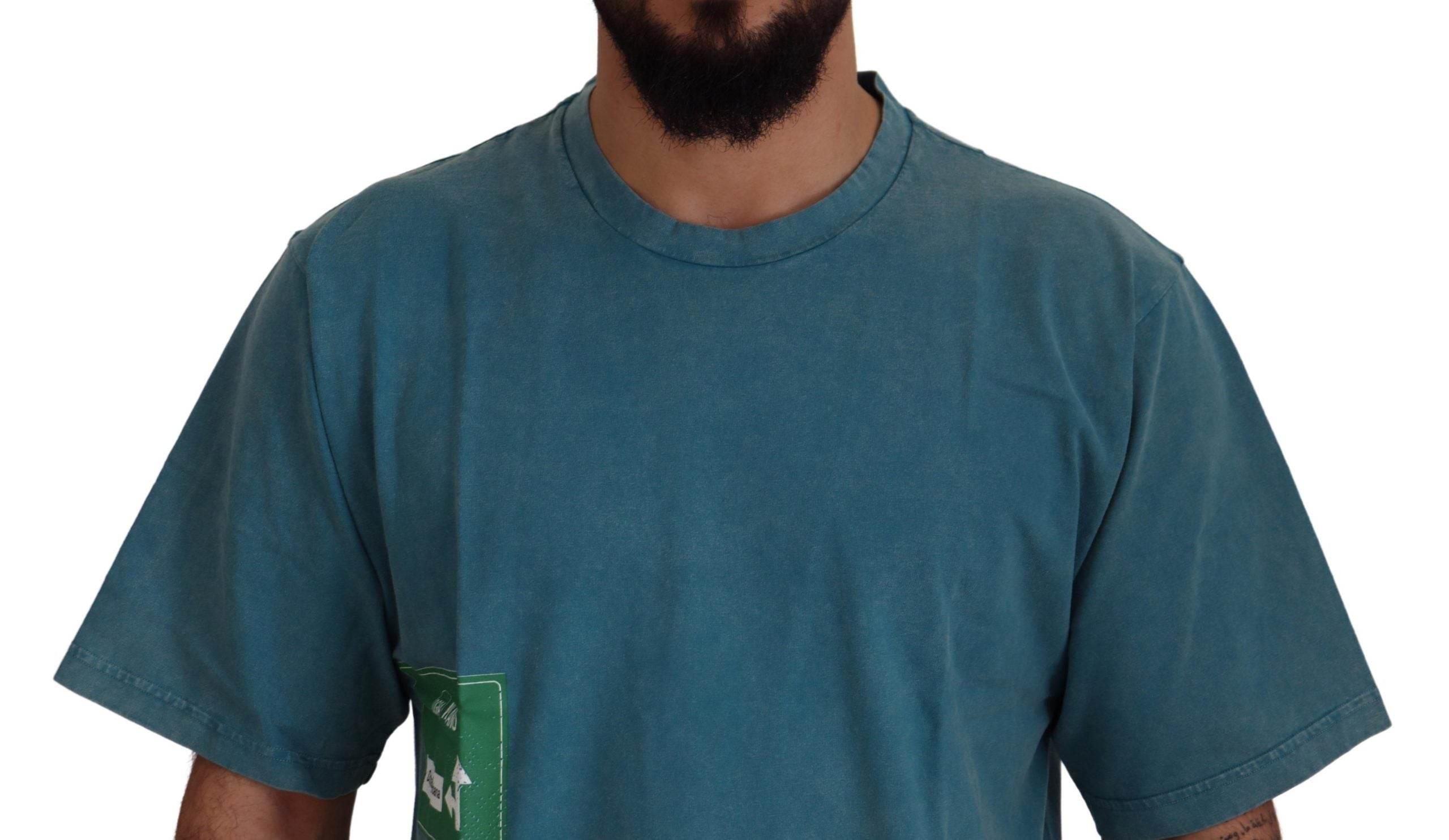 Dolce & Gabbana Blue Logo Print Crewneck Cotton T-shirt - Hilstor