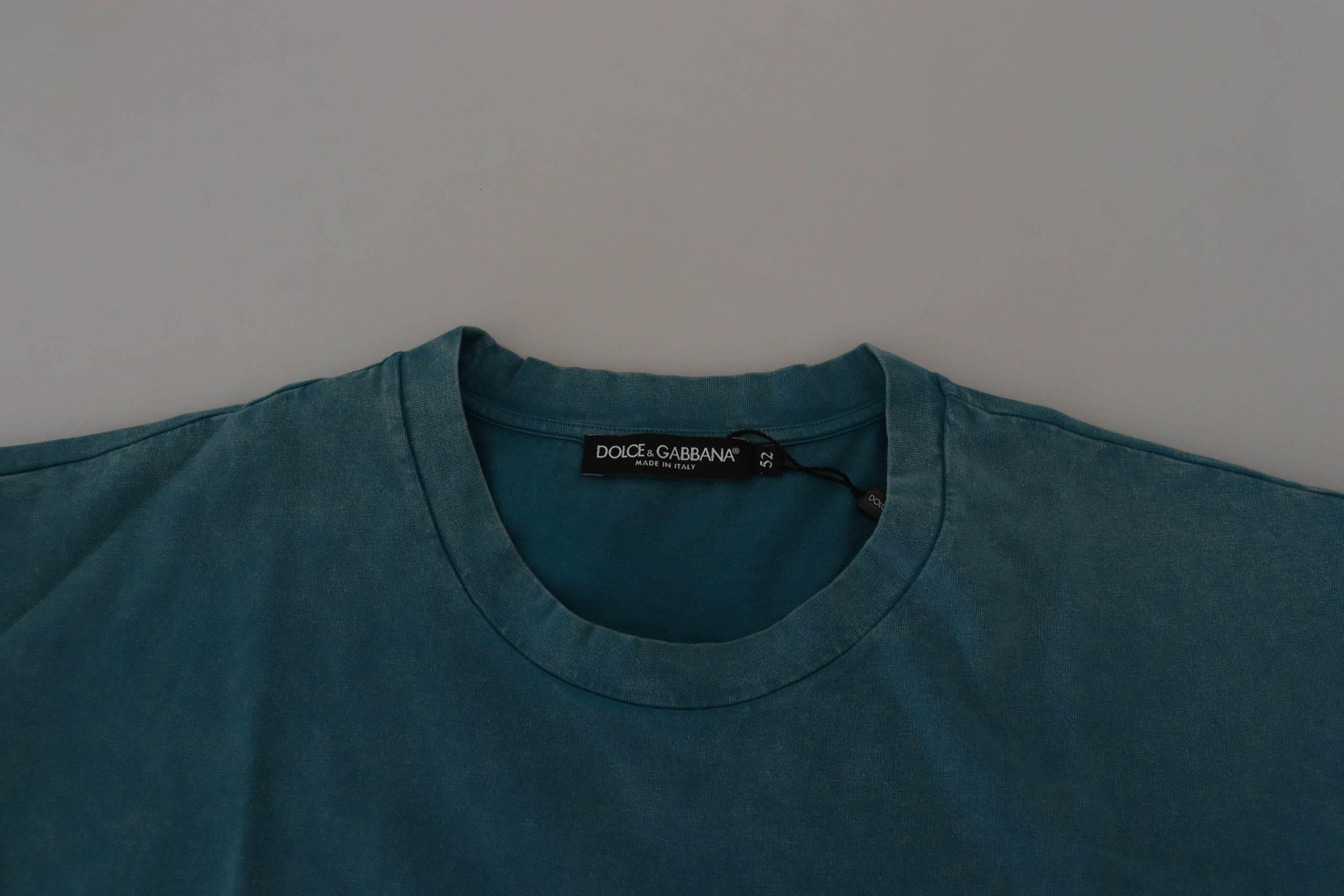 Dolce & Gabbana Blue Logo Print Crewneck Cotton T-shirt - Hilstor
