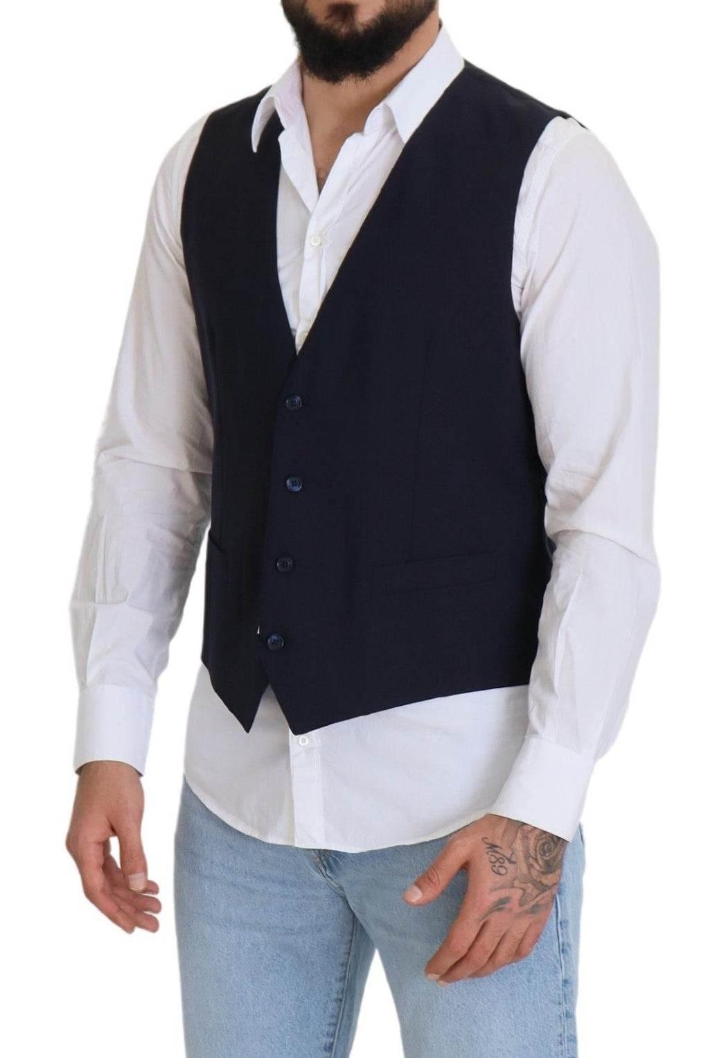 Dolce & Gabbana Dark Blue Wool Stretch Waistcoat Formal Vest - Hilstor