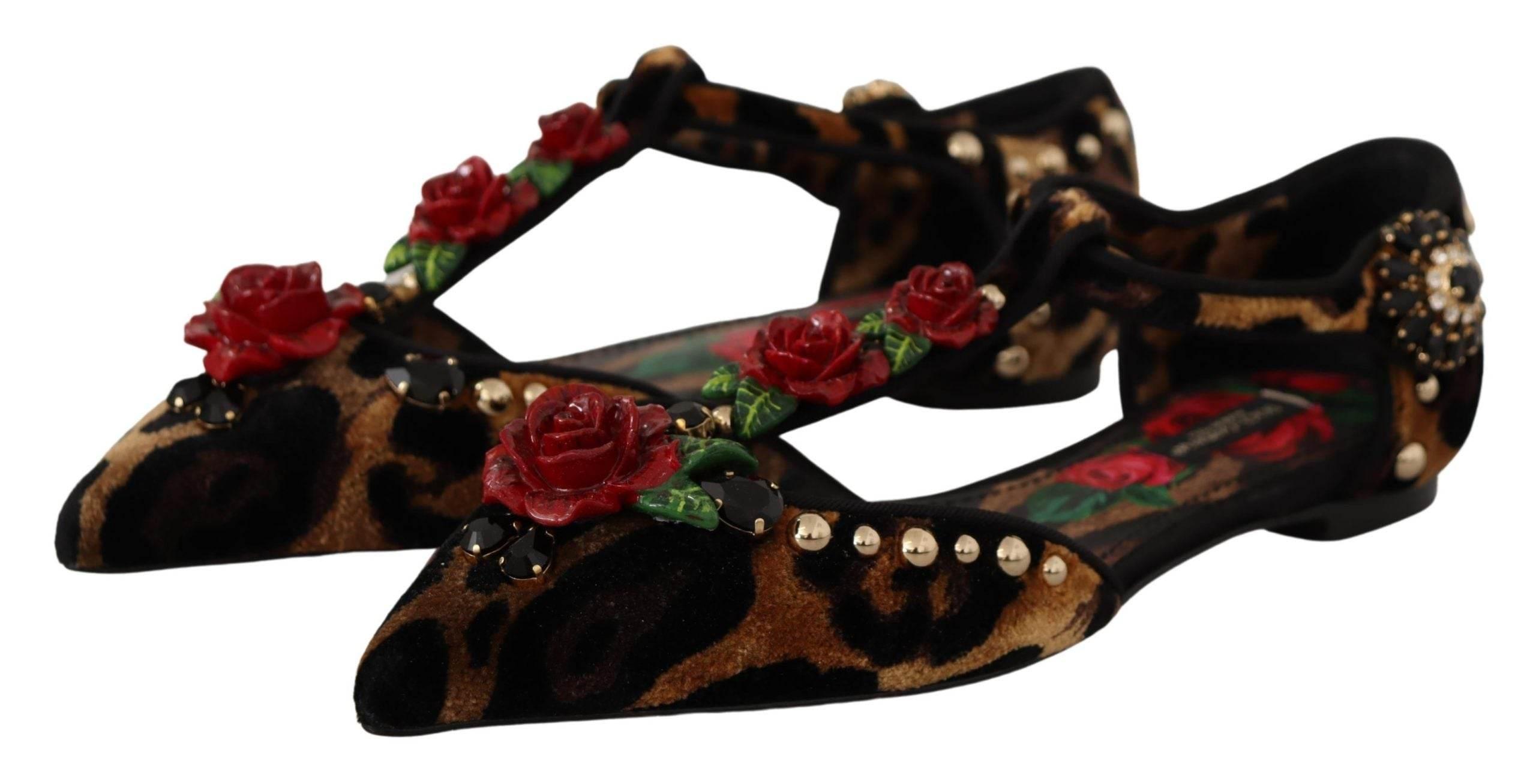 Dolce & Gabbana Floral Embellished Leopard T-Strap Sandals - Hilstor