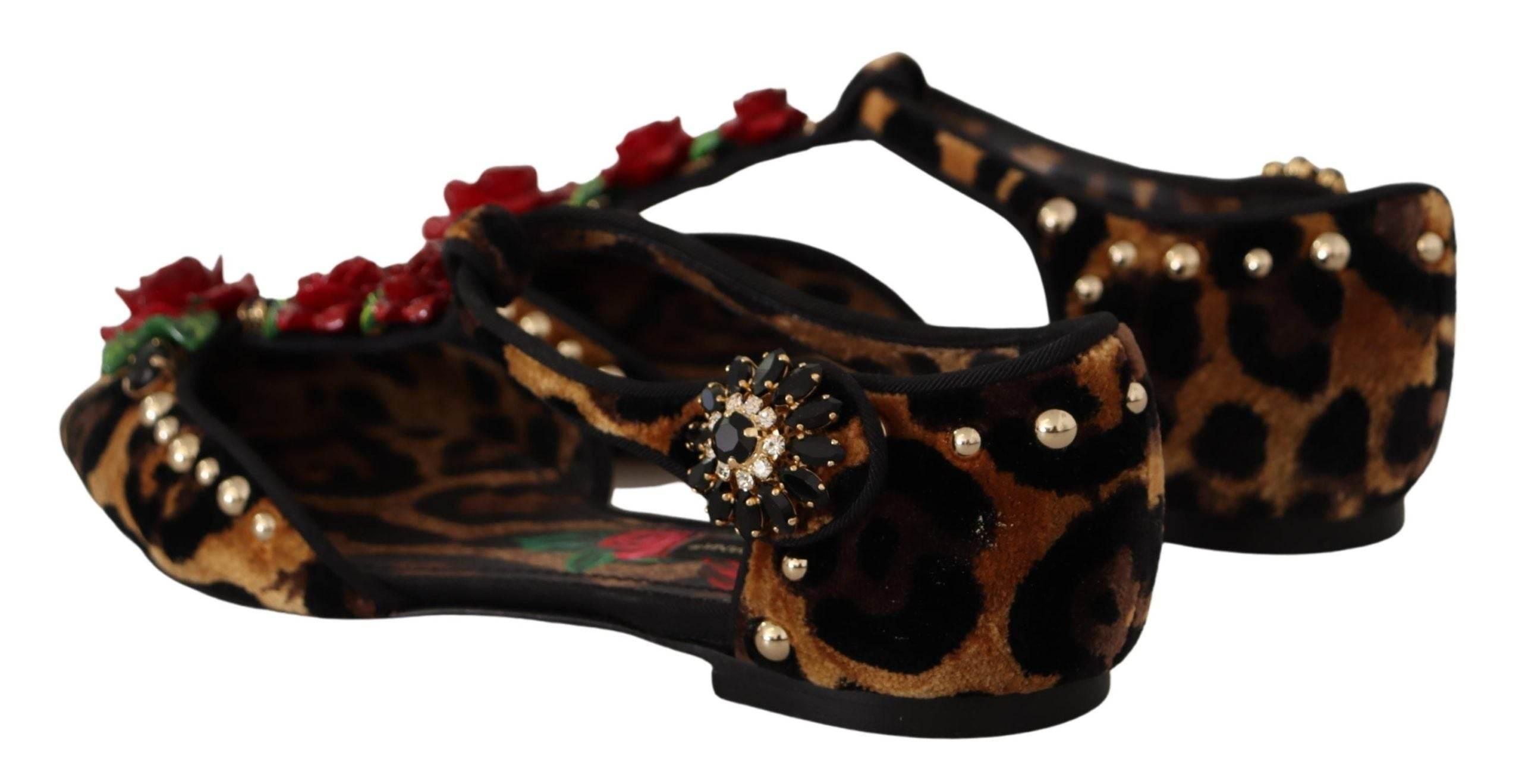 Dolce & Gabbana Floral Embellished Leopard T-Strap Sandals - Hilstor