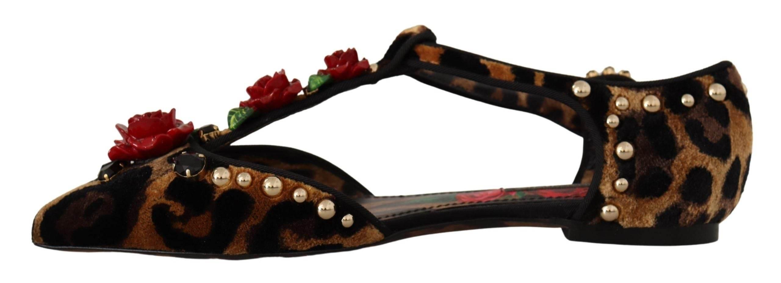 Dolce & Gabbana Floral Embellished Leopard T-Strap Sandals - Hilstor