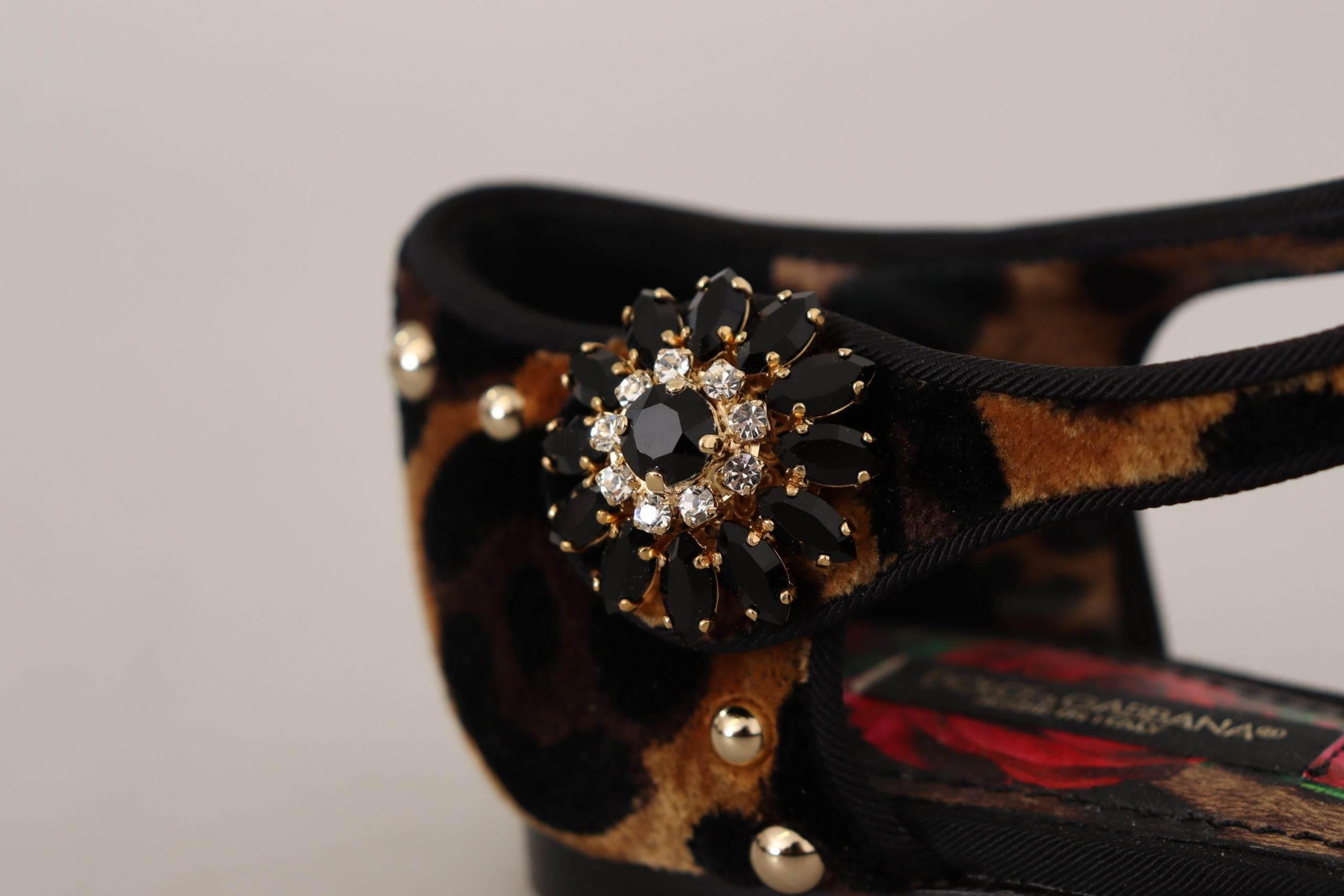 Dolce & Gabbana Floral Embellished Leopard T-Strap Sandals - Hilstor