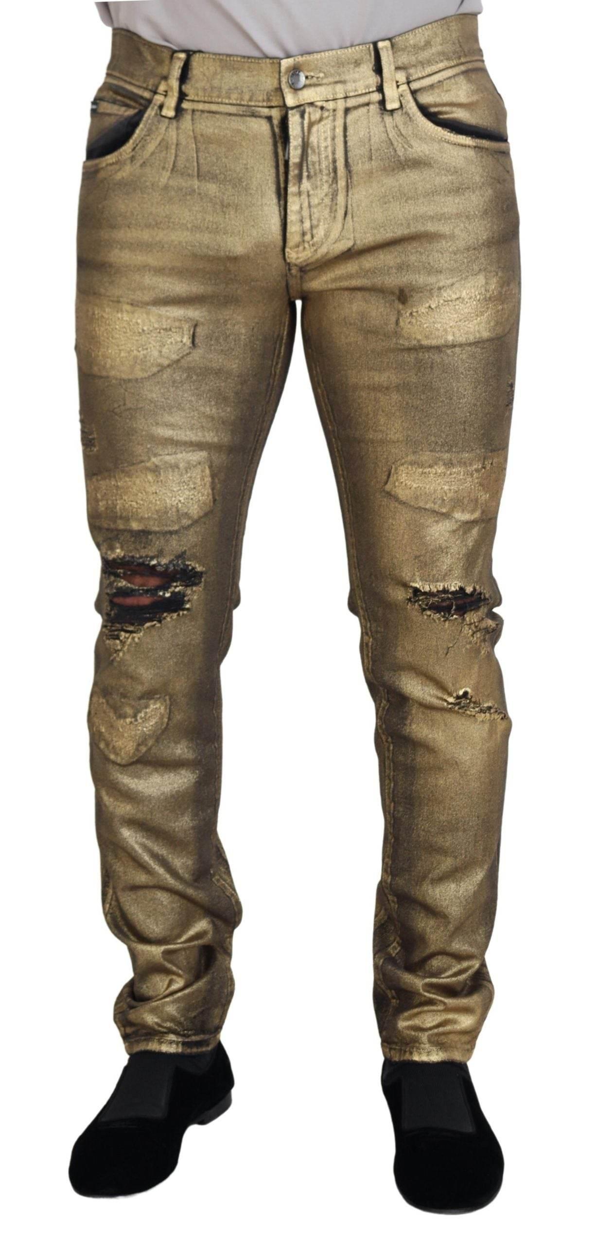 Dolce & Gabbana Gold Cotton Tattered Skinny Men Denim Jeans - Hilstor