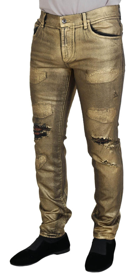 Dolce & Gabbana Gold Cotton Tattered Skinny Men Denim Jeans - Hilstor