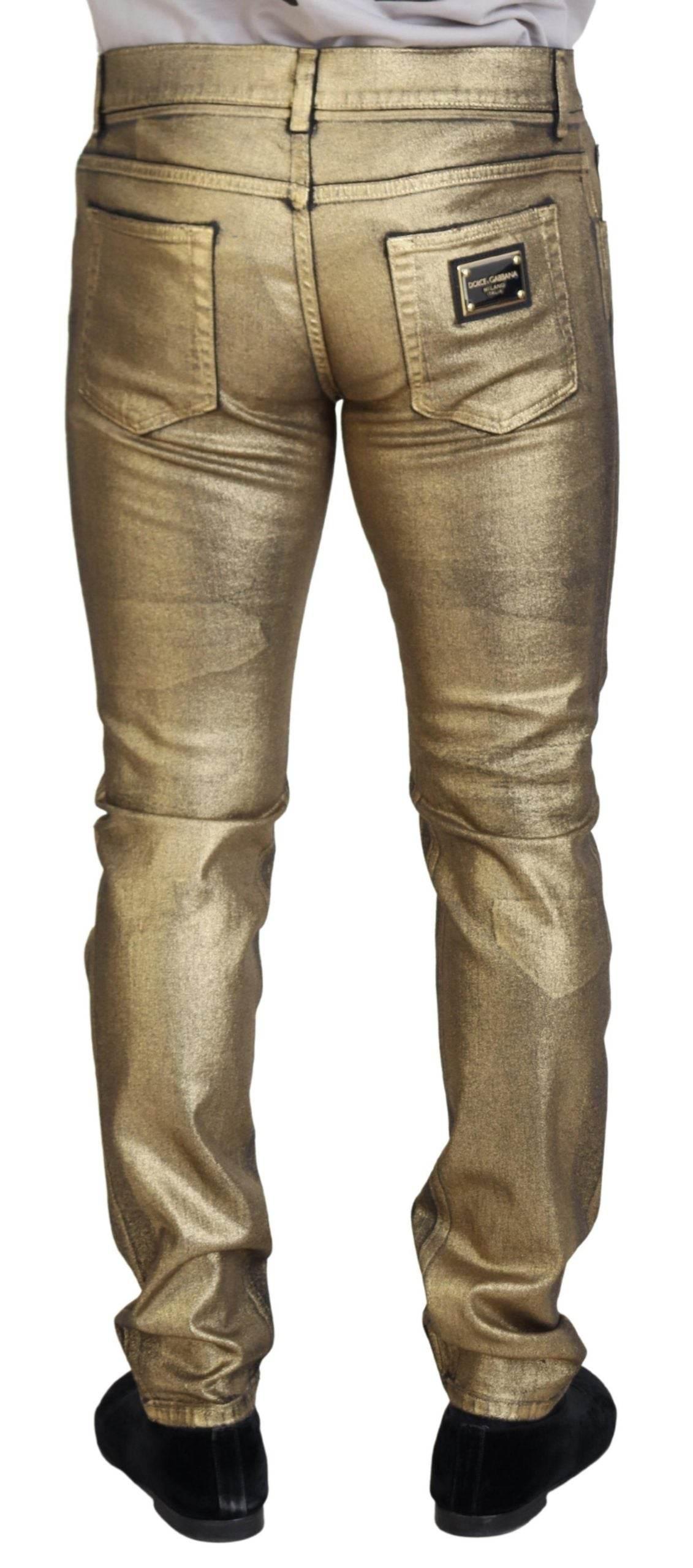 Dolce & Gabbana Gold Cotton Tattered Skinny Men Denim Jeans - Hilstor