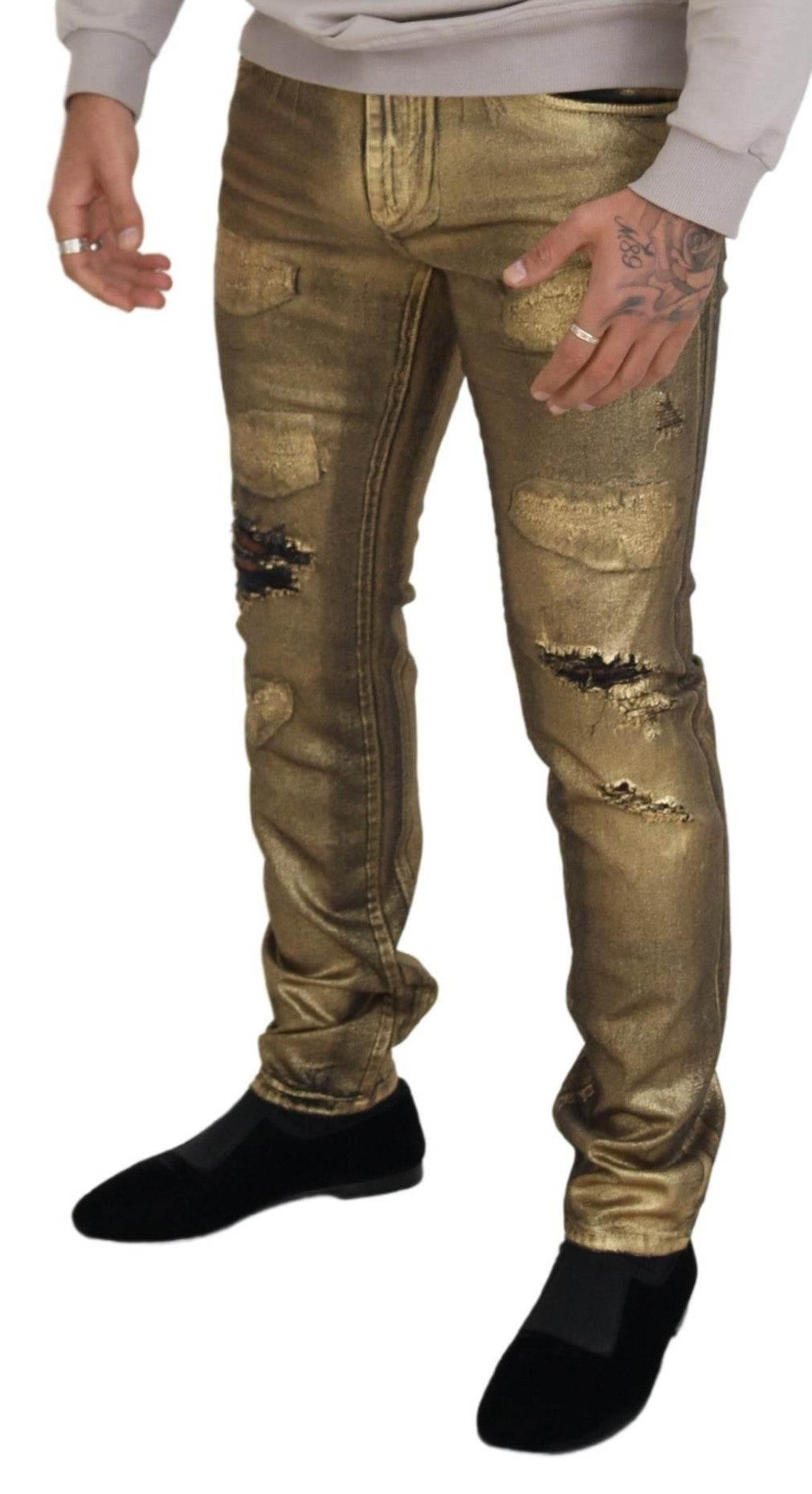 Dolce & Gabbana Gold Cotton Tattered Skinny Men Denim Jeans - Hilstor
