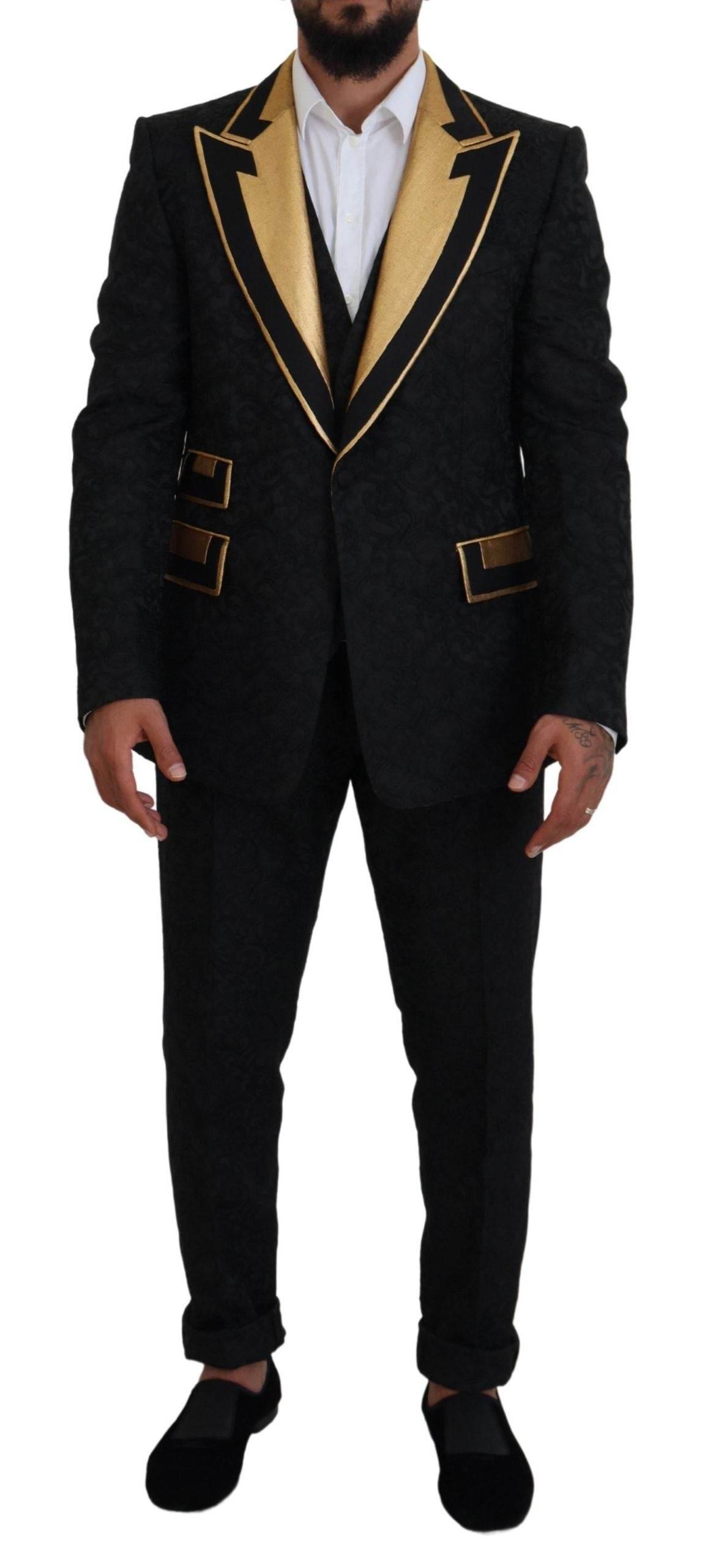 Dolce & Gabbana Elegant Black & Gold Slim Fit 3 Piece Suit - Hilstor