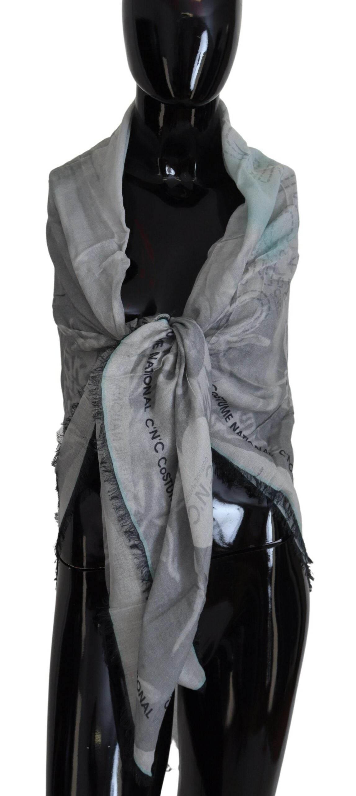 Costume National Gray Print Shawl Foulard Fringes Scarf - Hilstor