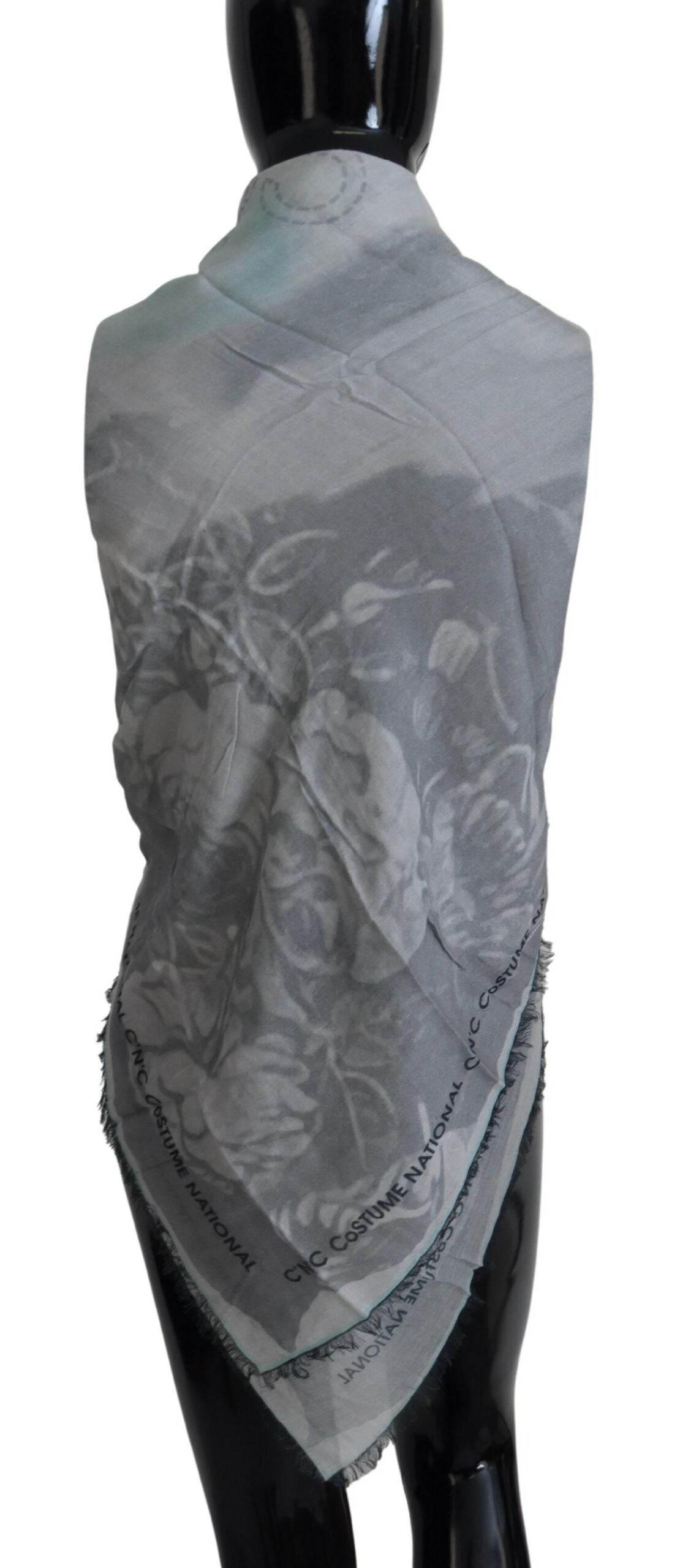 Costume National Gray Print Shawl Foulard Fringes Scarf - Hilstor