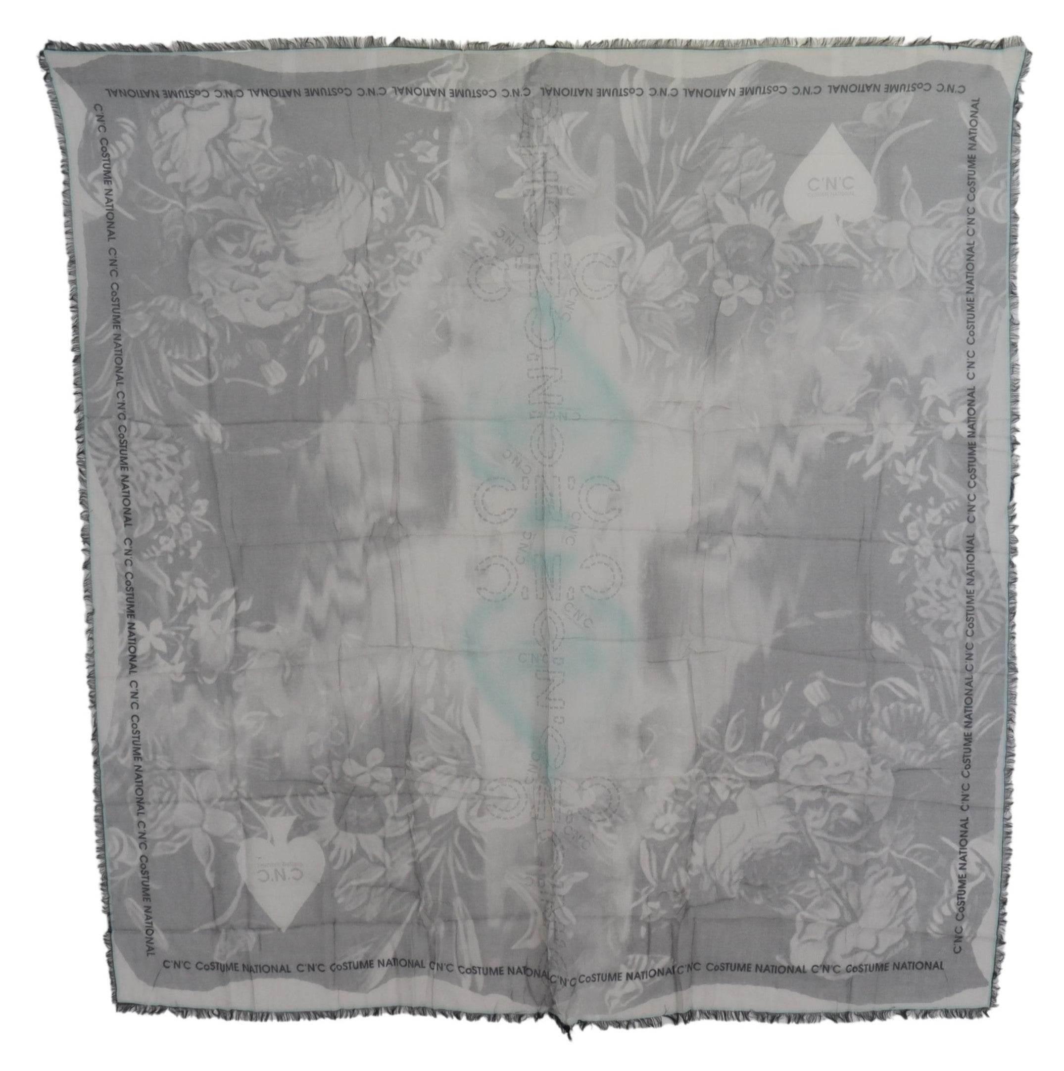 Costume National Gray Print Shawl Foulard Fringes Scarf - Hilstor