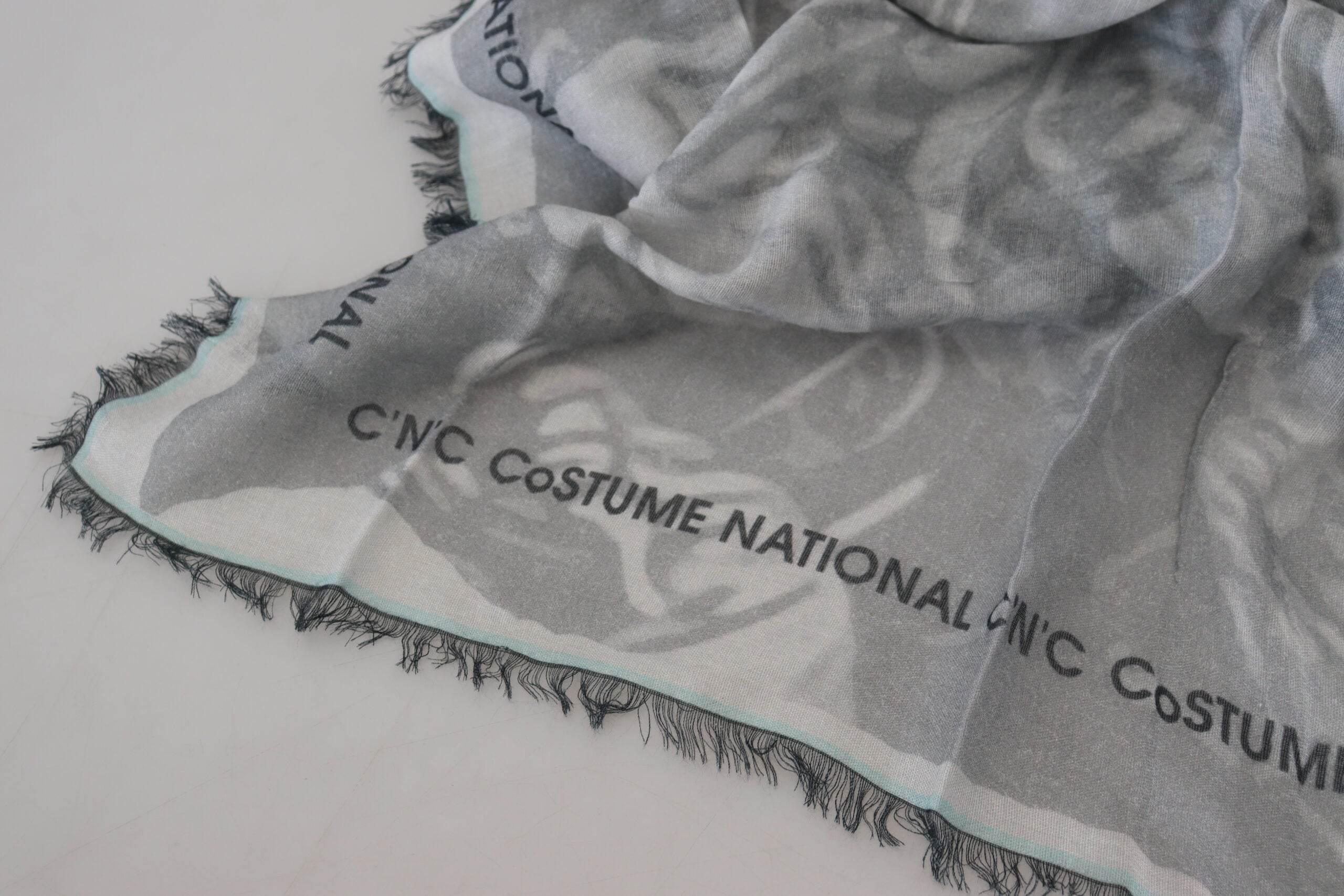 Costume National Gray Print Shawl Foulard Fringes Scarf - Hilstor