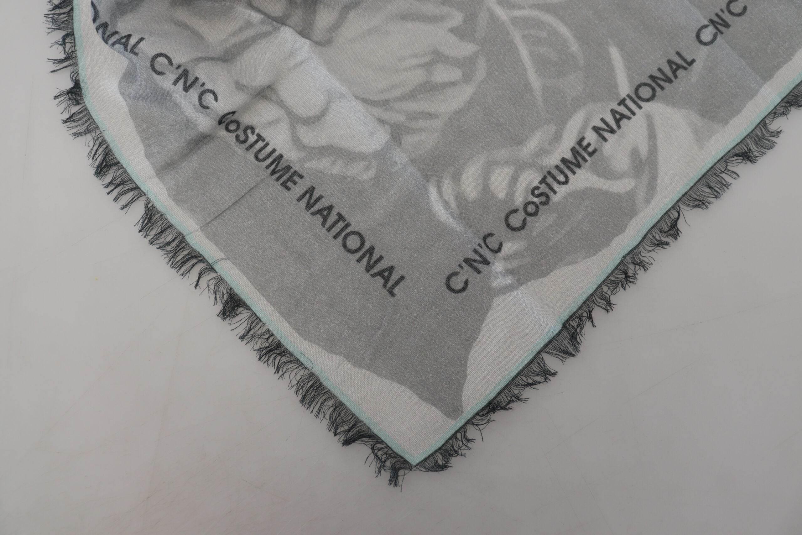 Costume National Gray Print Shawl Foulard Fringes Scarf - Hilstor